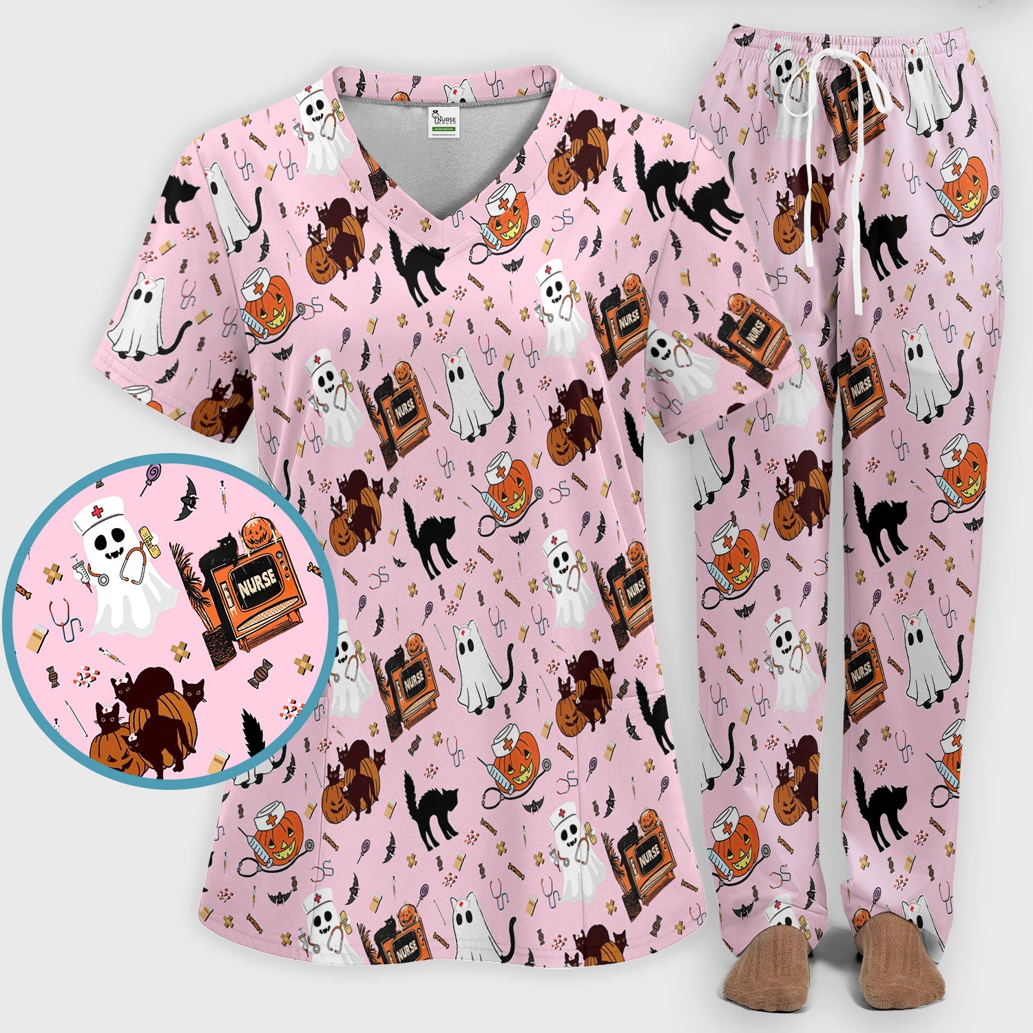 Halloween Scrub Set for Nurse - Cute Pumpkin Ghost Cat Medical Pants and V Neck Top - Spooky Uniform for Women RN CNA LPN