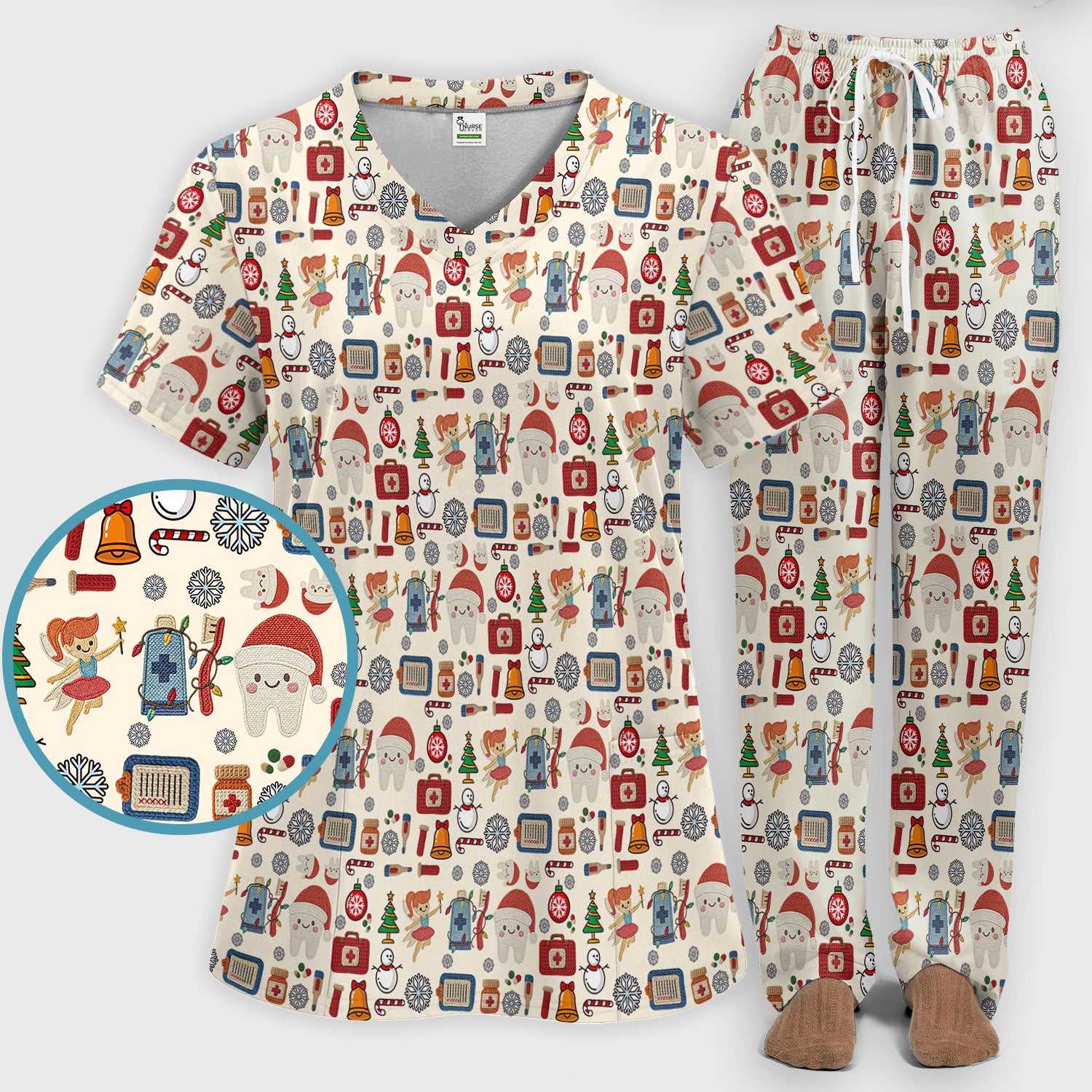 Christmas Dental Scrub Set - Cute Santa Tooth & Snowman Scrubs Pants and V Neck Top - Funny Holiday Gift for Dentists, Hygienists