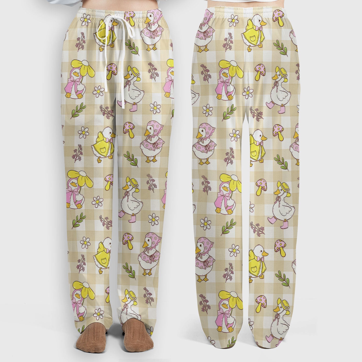 Cute Duck Outfit Gingham Pattern Scrub Set, Scrub Pants and V Neck Top