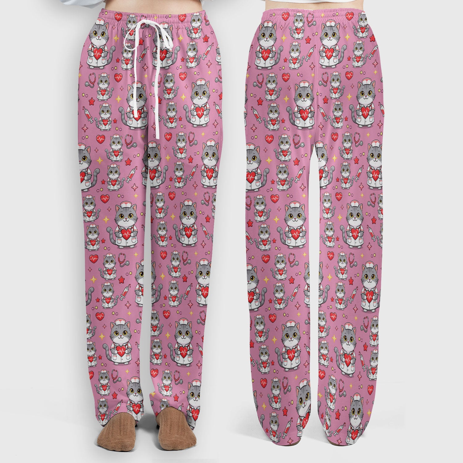 Cute Nurse Cat Heart Medical Print Scrub Set, Scrub Pants and V Neck Top