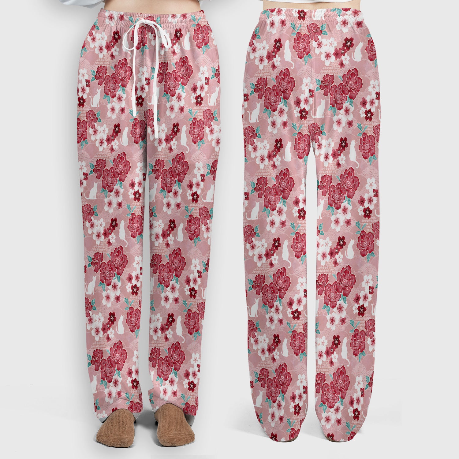 Floral White Cat Nurse Scrub Set, Scrub Pants and V Neck Top