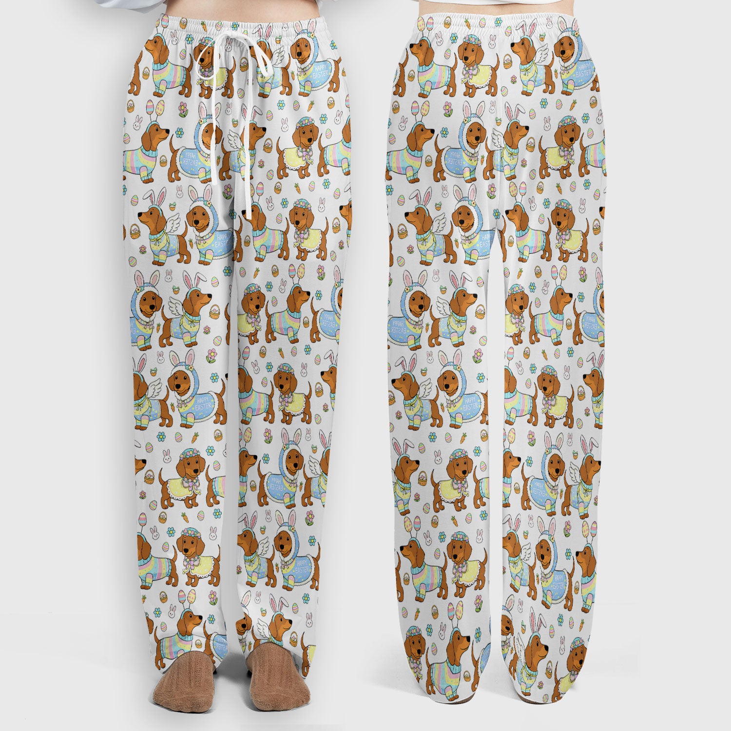 Easter Dachshund Bunny Pattern Scrub Set, Scrub Pants and V Neck Top