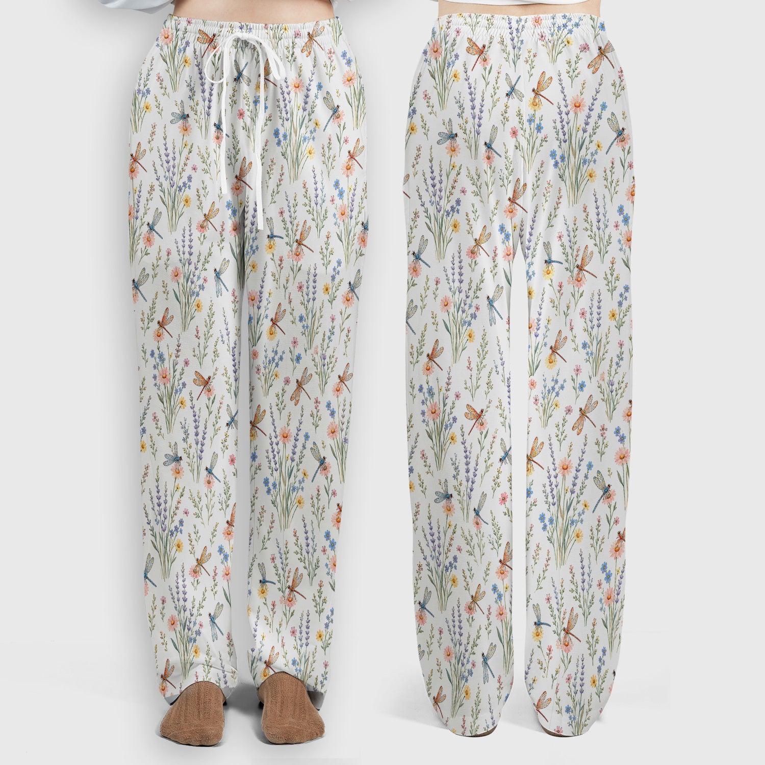 Dragonfly Wildflower Meadow Pattern Scrub Set, Scrub Pants and V Neck Top