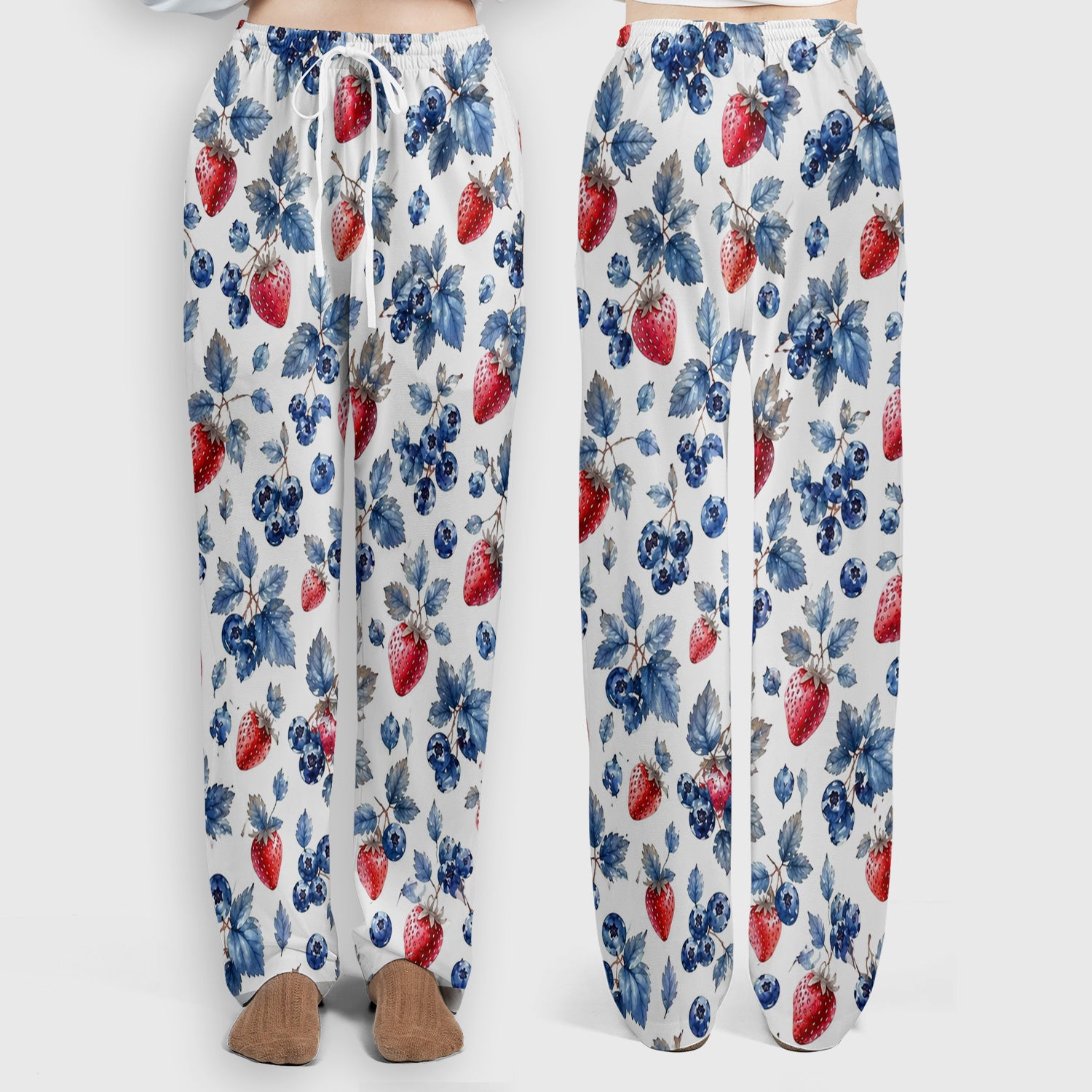 Cute Strawberry & Blueberry Leaf Pattern Scrub Set, Scrub Pants and V Neck Top