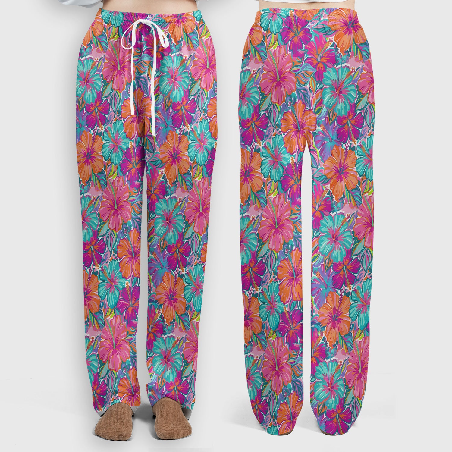 Vibrant Hibiscus Tropical Floral Pattern Scrub Set, Scrub Pants and V Neck Top