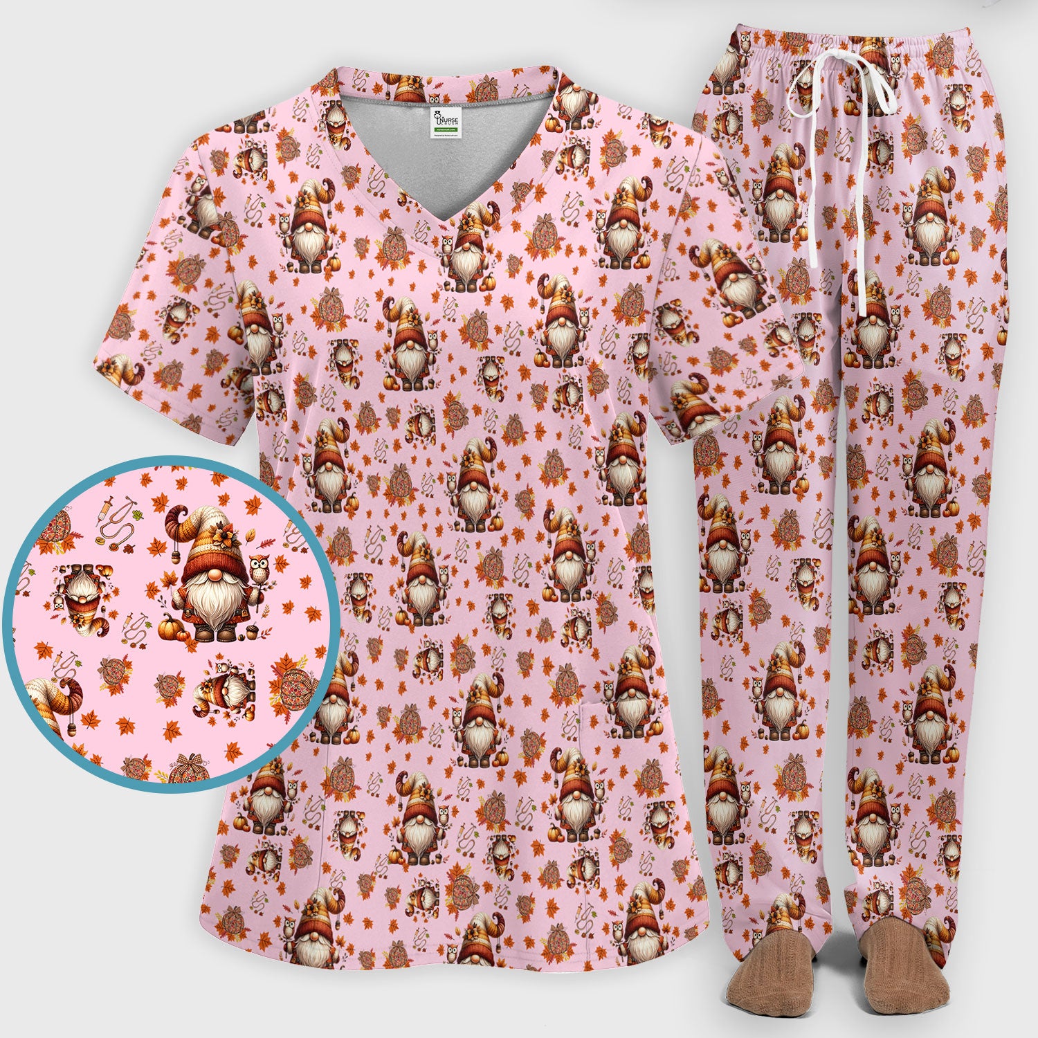 Autumn Leaves Pumpkin Scrubs Set for Women - Gnome Scrubs for Nurse Mama - Breathable Fabrics Nursing Uniform