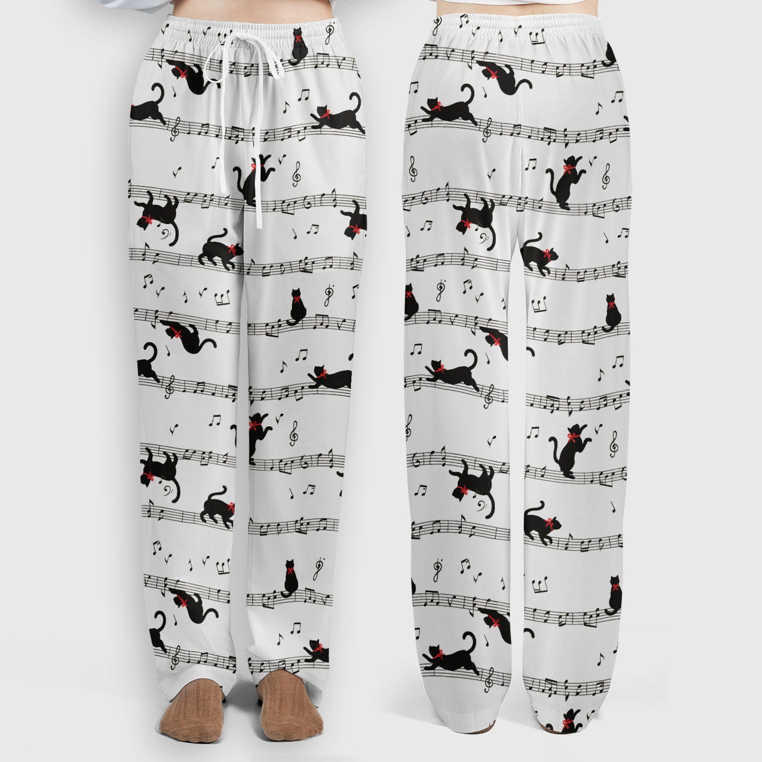 Cute Dancing Black Cat Music Staff Pattern Scrub Set, Scrub Pants and V Neck Top
