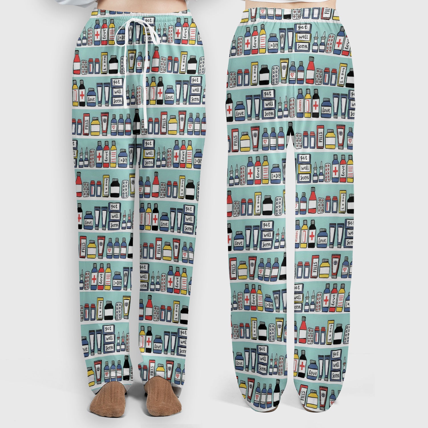 Medicine Bottle Pharmacy Pills Care Pattern Scrub Set, Scrub Pants and V Neck Top