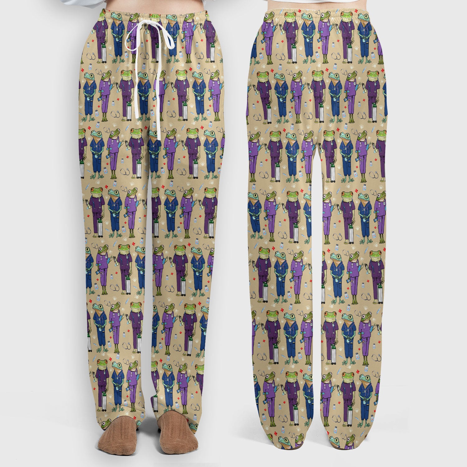 Funny Frog Nurse Pattern Scrub Set, Scrub Pants and V Neck Top