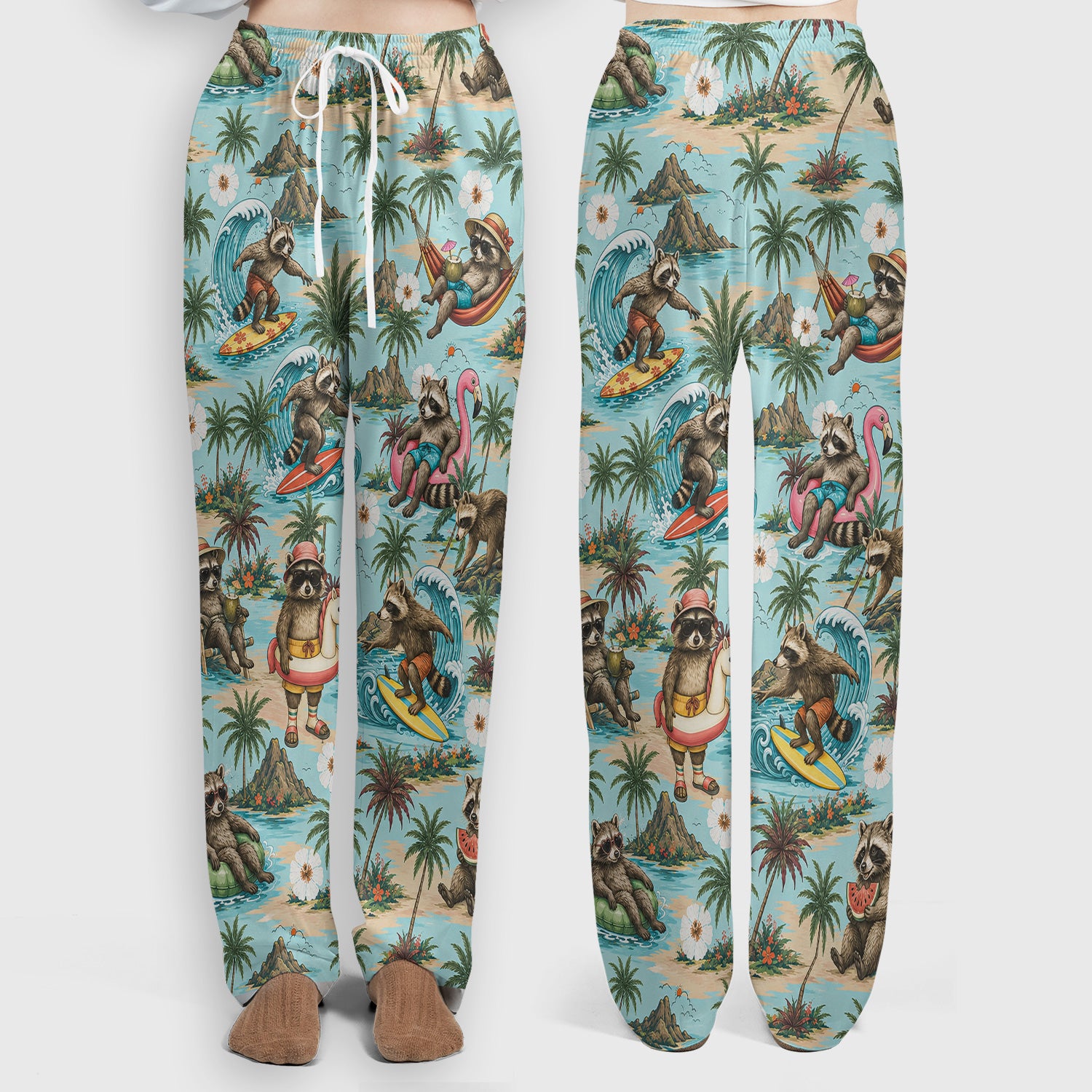 Tropical Raccoon with Surfing Island Beach Print Scrub Set, Scrub Pants and V Neck Top