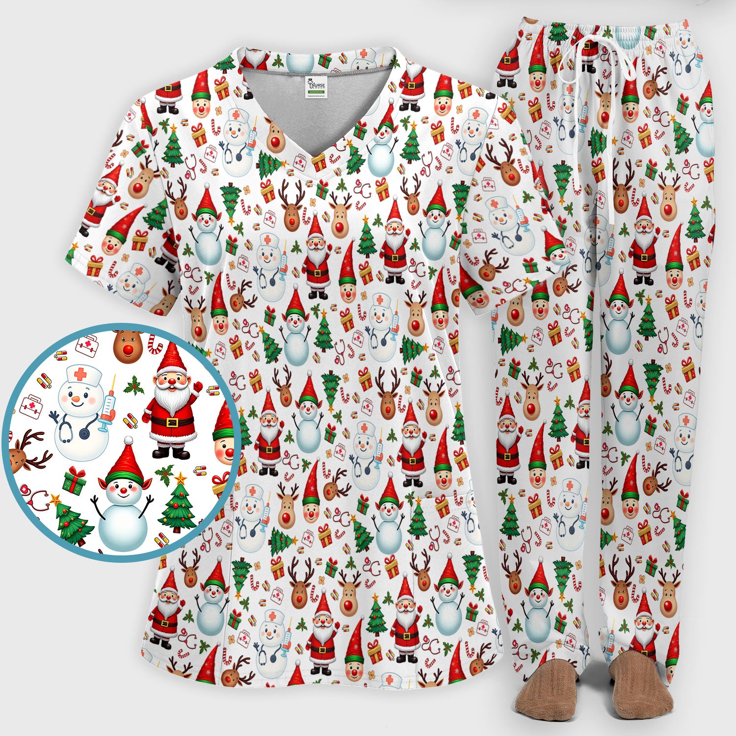 Christmas Scrub Set for Nurses - Cute Snowman Reindeer Santa Pattern - Holiday Medical Uniform RN CNA LPN Gift