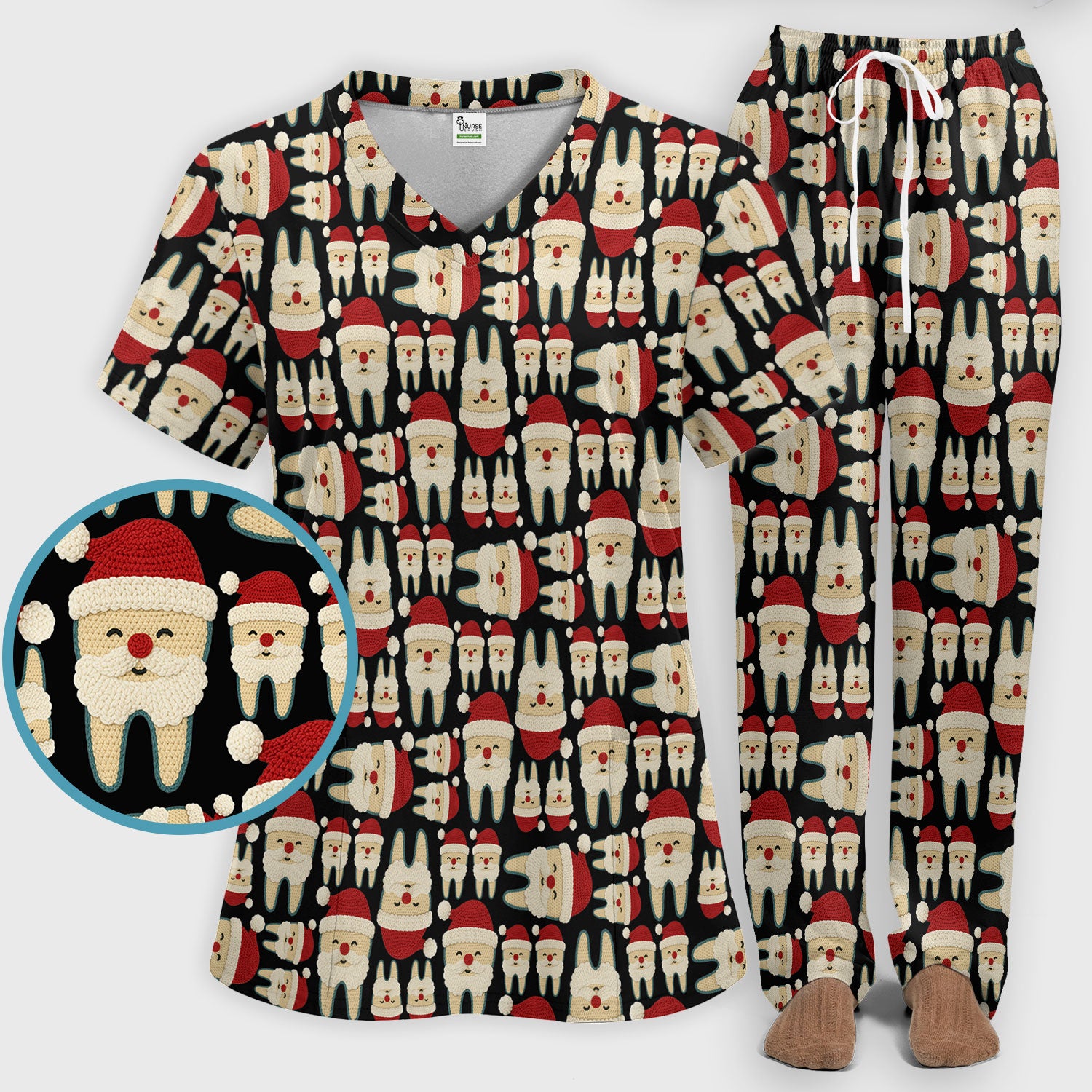 Christmas Tooth Scrub Set - Cute Santa Tooth Pattern for Dentists & Hygienists - Crochet Style Holiday Medical Uniform for Women
