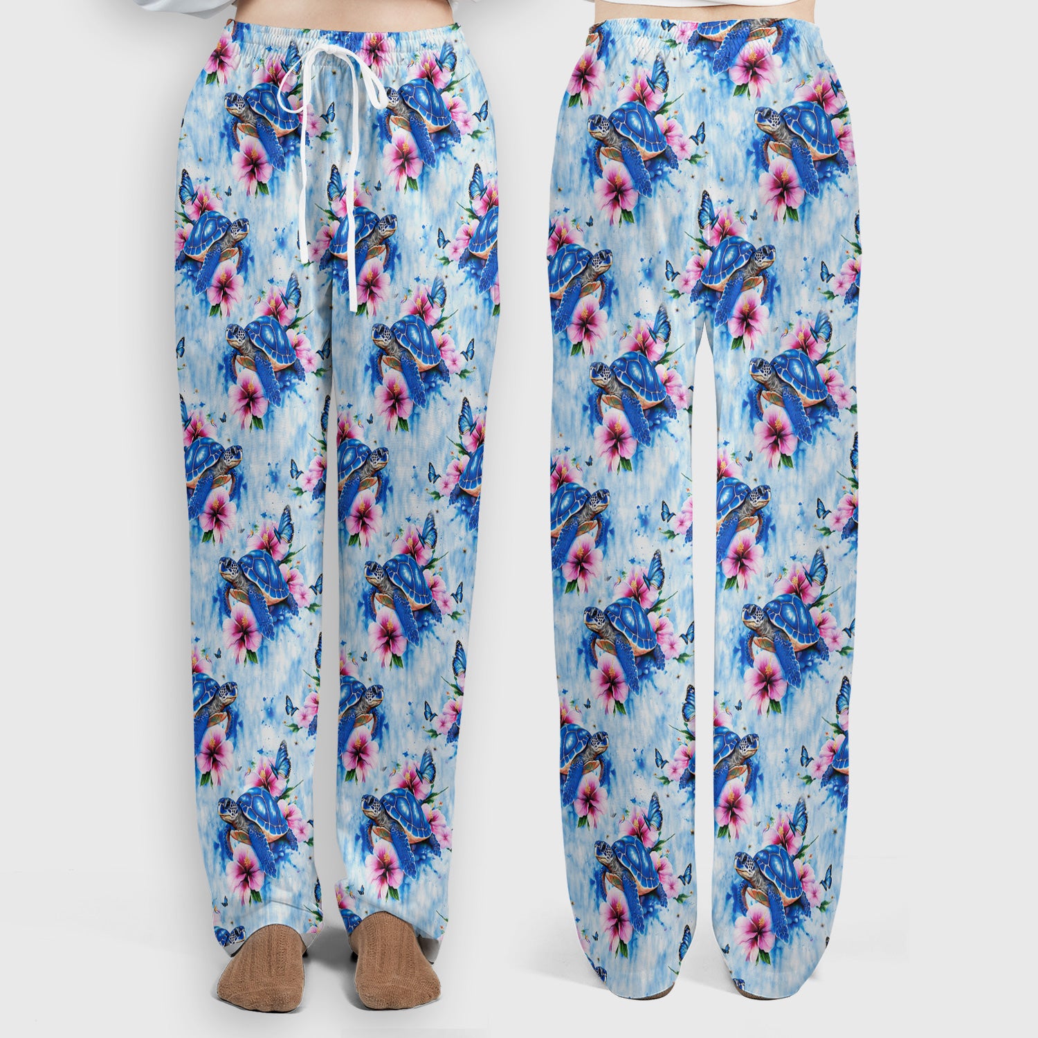Blue Sea Turtle Hibiscus Butterfly Print Scrub Set, Scrub Pants and V Neck Top