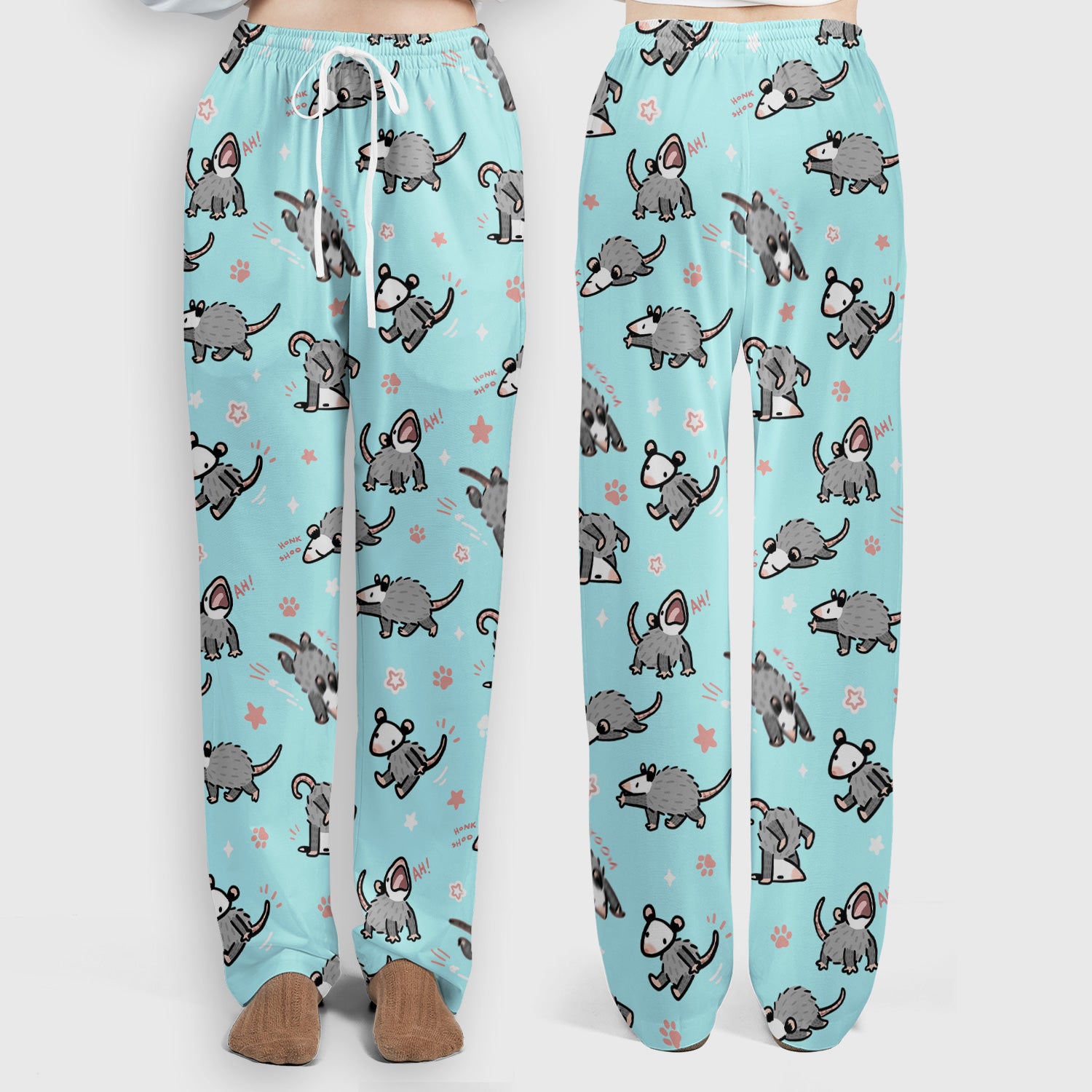 Playful Cartoon Opossum Character Pattern Scrub Set, Women's Scrub Sets