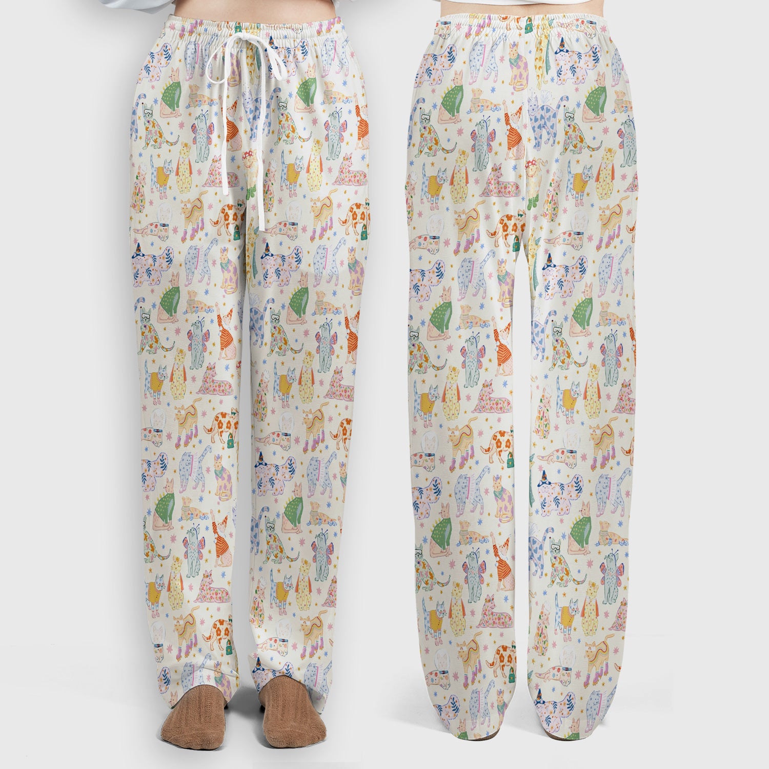 Cute Colorful Cats Pattern Scrub Set, Scrub Pants and V Neck Top