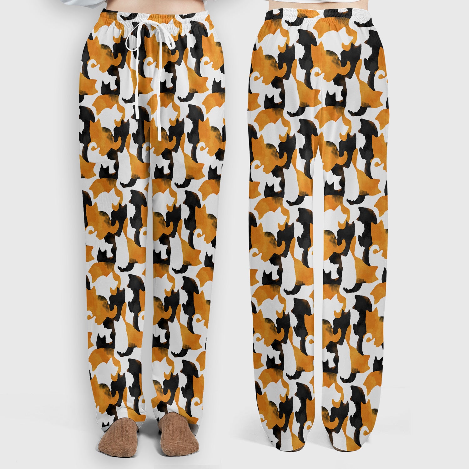 Calico Cat Silhouette Pattern Scrub Set, Scrub Pants and V Neck Top