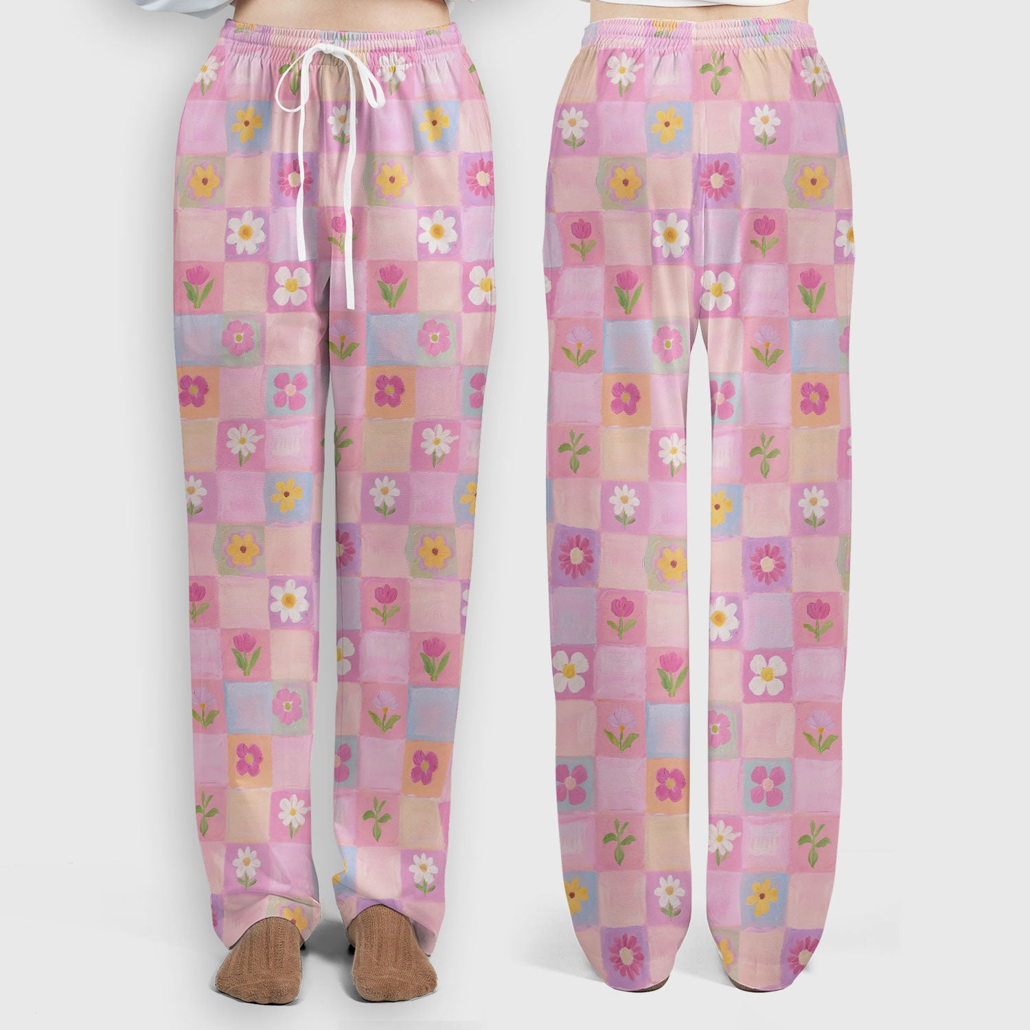 Lovely Pastel Floral Patchwork Pattern Scrub Set, Scrub Pants and V Neck Top