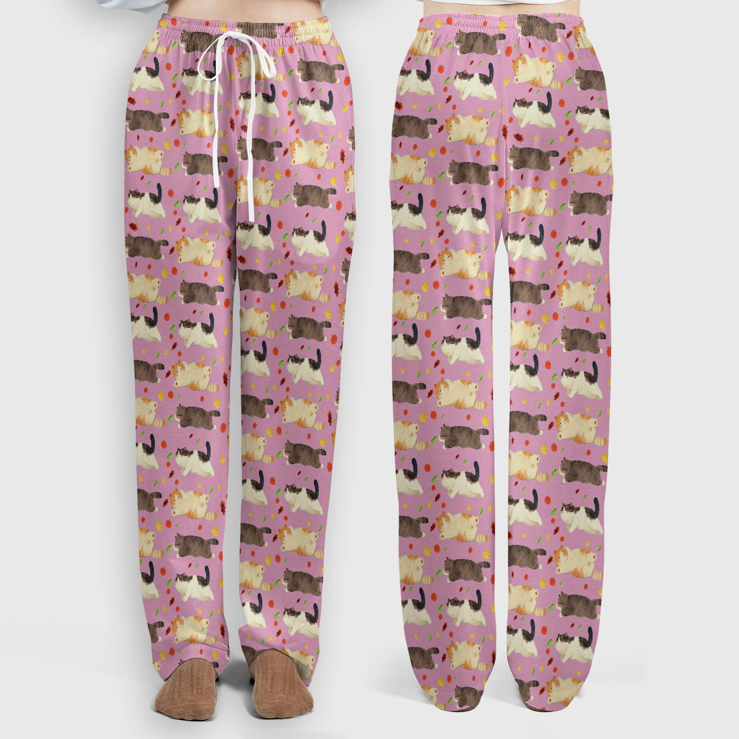 Chubby Cat Autumn Leaves Print Scrub Set, Breathable Med Uniform
