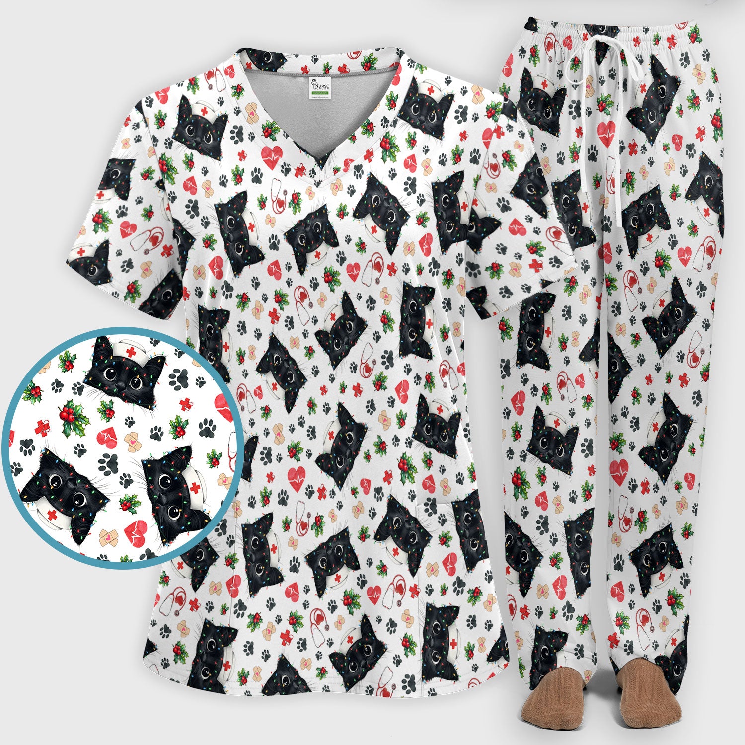Black Cats Comfortable Scrubs for Nurses - Cute Kittens Christmas Scrubs Pants and V Neck Top - Breathable Med Uniform Gift for Women