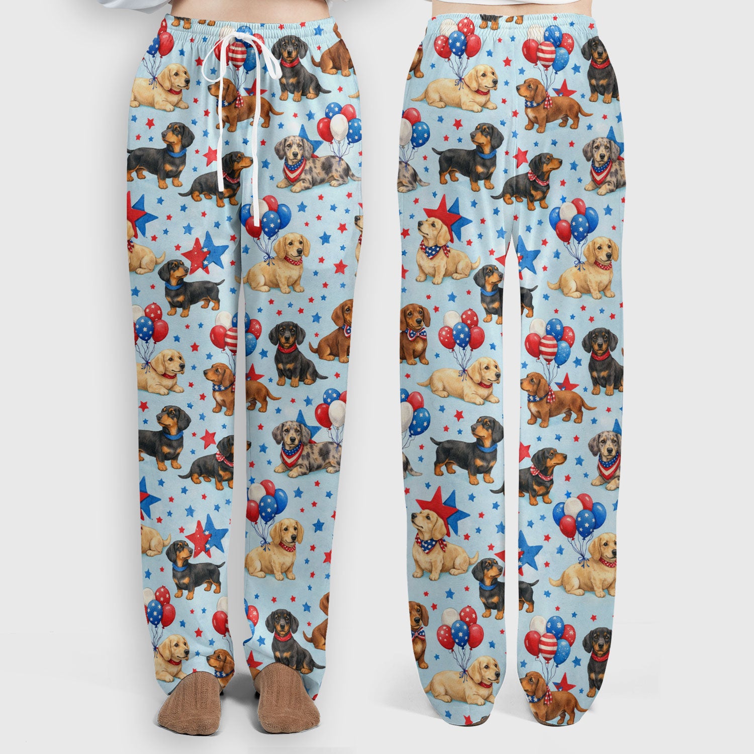 Cute Patriotic Dachshund Balloon Star Pattern Scrub Set, Scrub Pants and V Neck Top