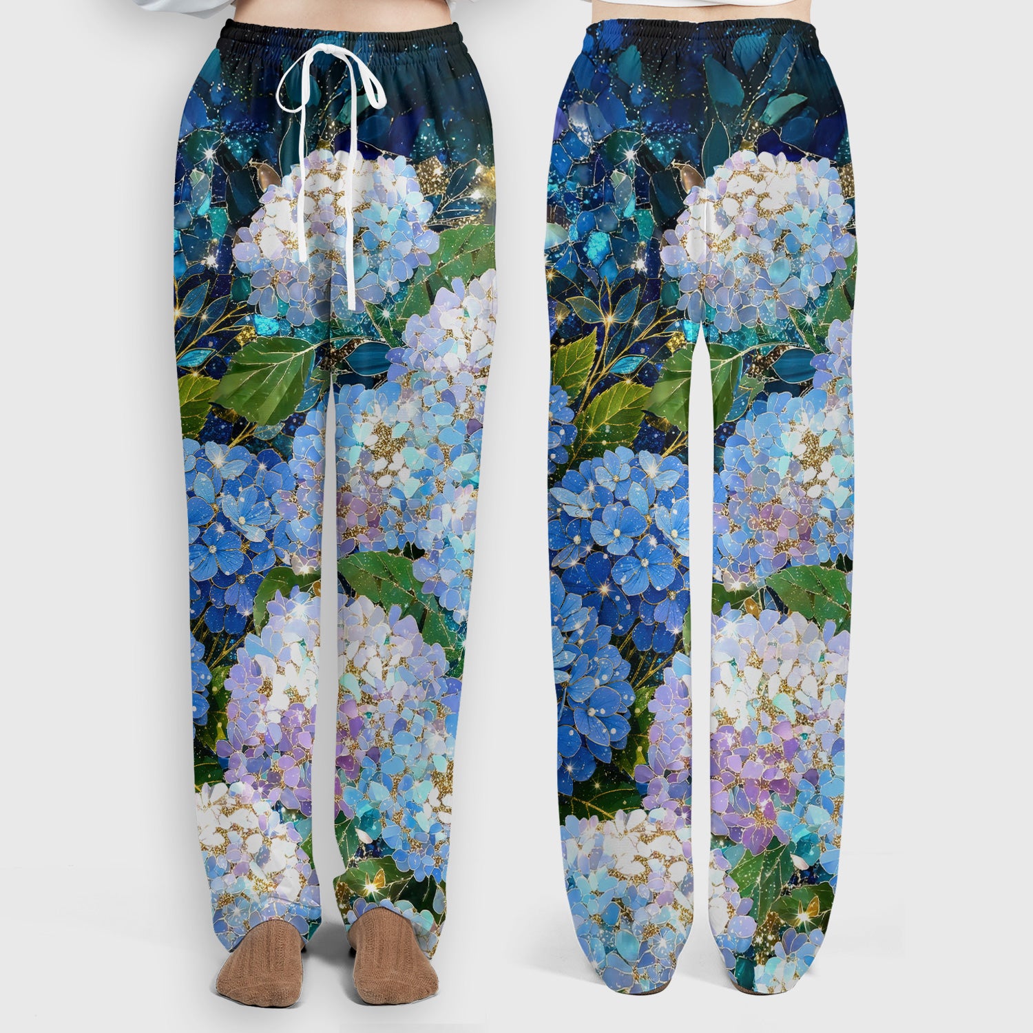 Blue Hydrangea Floral Pattern Scrub Set, Scrub Pants and V Neck Top