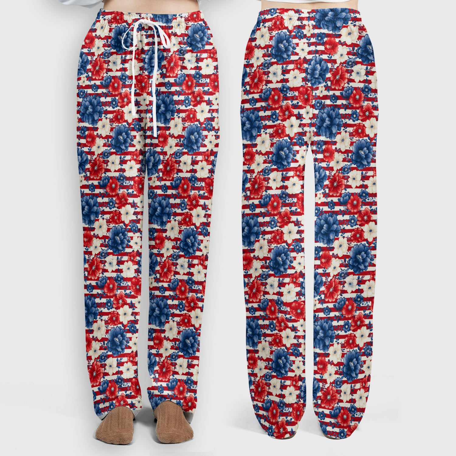 Patriotic Nurse Floral Stripe Pattern Scrub Set, Scrub Pants and V Neck Top
