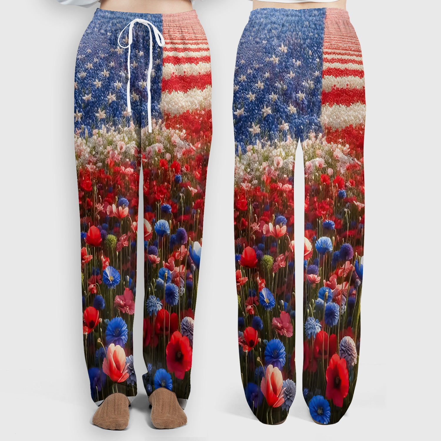 Festive Nurse American Flag Wildflower Field Scrub Set, Scrub Pants and V Neck Top