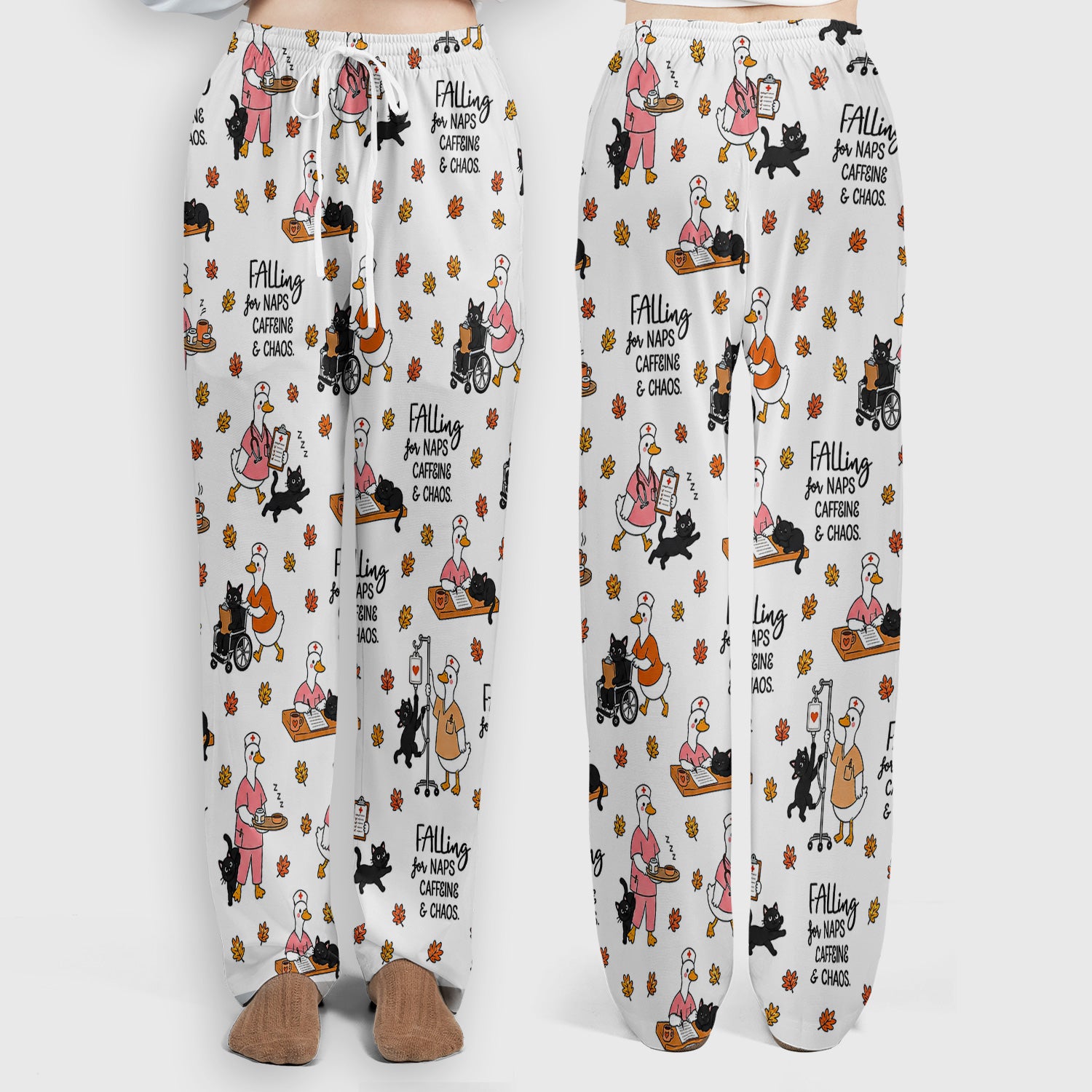 Funny Fall Nurse Goose And Black Cat Scrub Set, Scrub Pants and V Neck Top