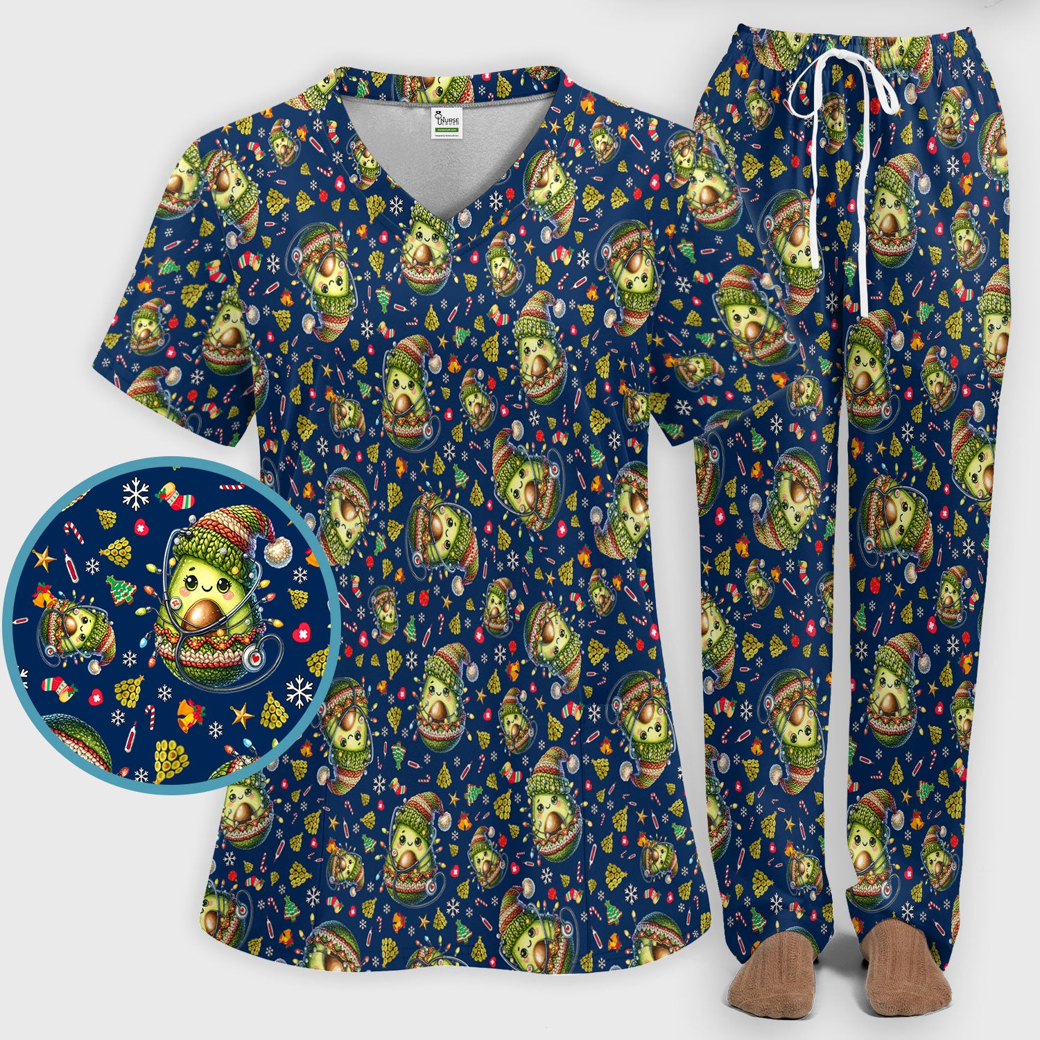 Avocado Scrub Set for Nurse - Funny Christmas Nursing Pants and V Neck Top - Cute Holiday Medical Uniform