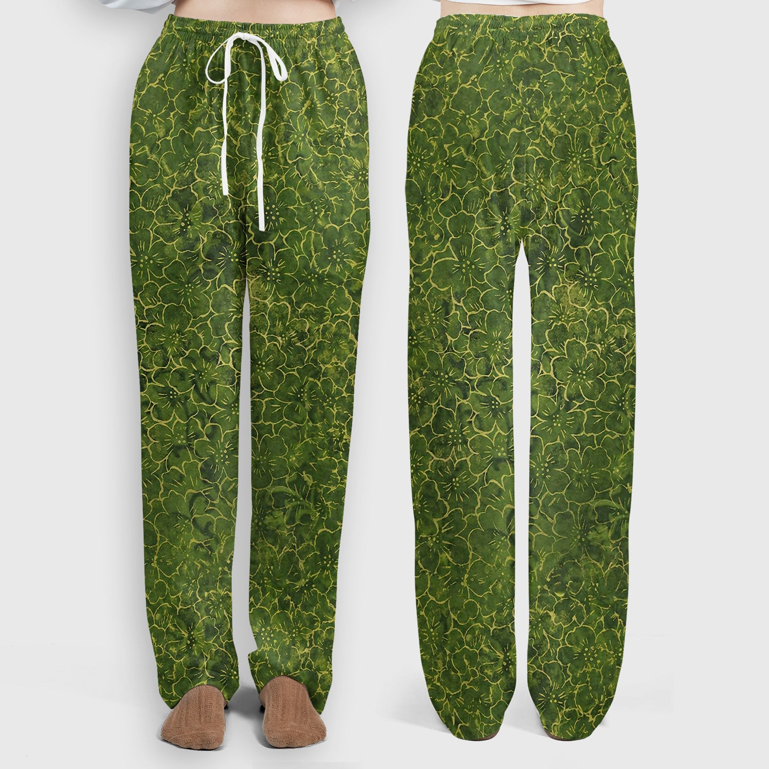 Green Floral Blossom Pattern Scrub Set, Scrub Pants and V Neck Top