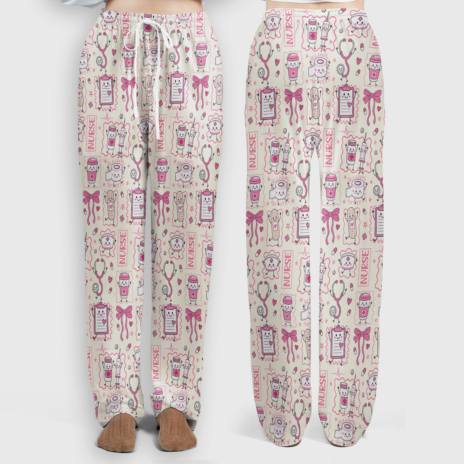 Cute Nurse Doodle with Bandage & Coffee Icons Scrub Set, Scrub Pants and V Neck Top