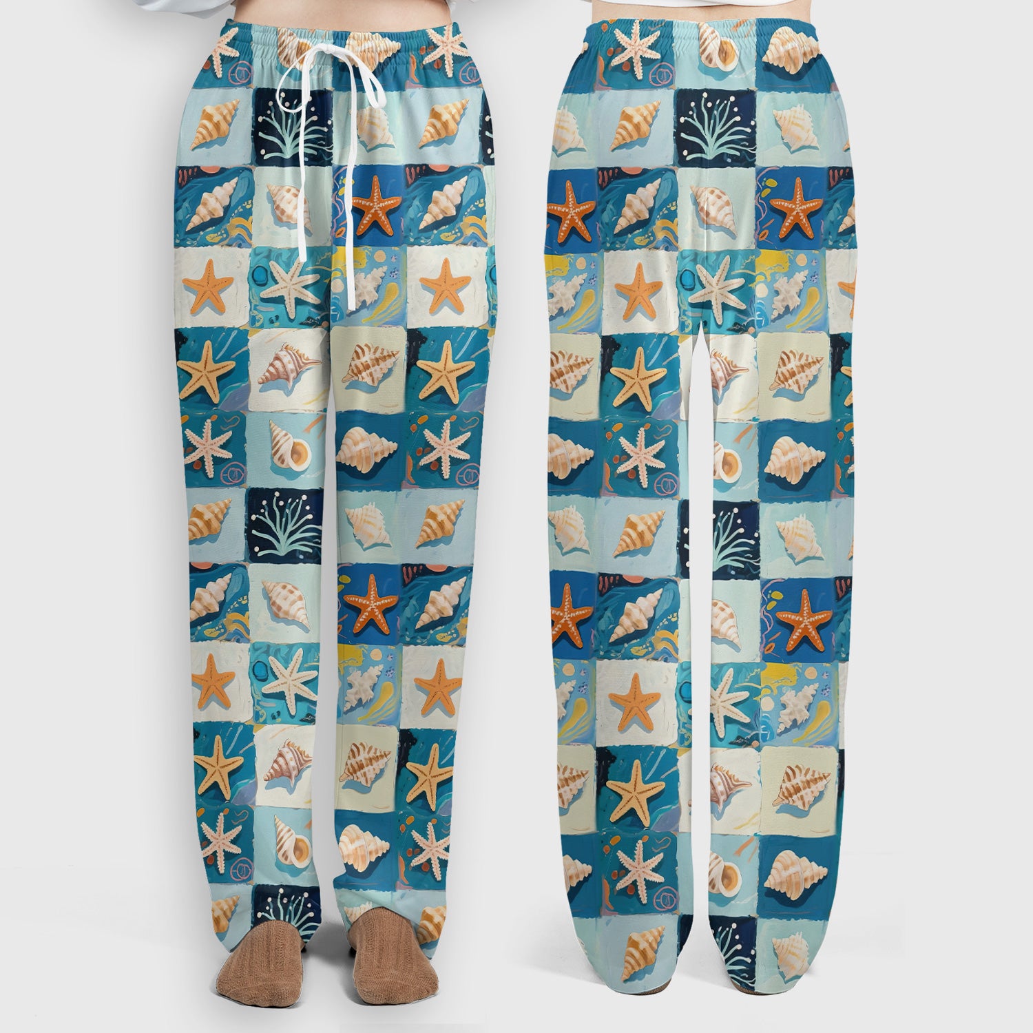 Cute Seashell Starfish Ocean Tile Pattern Scrub Set, Scrub Pants and V Neck Top