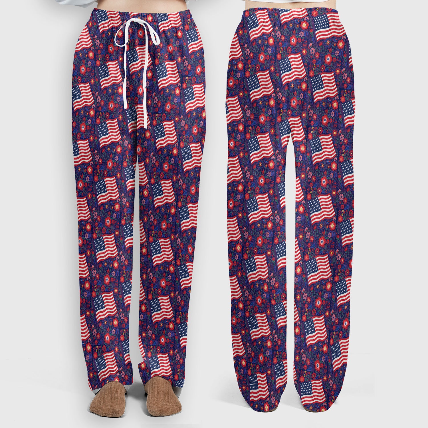 Patriotic USA Flag With Floral Fireworks Pattern Scrub Set, Scrub Pants and V Neck Top