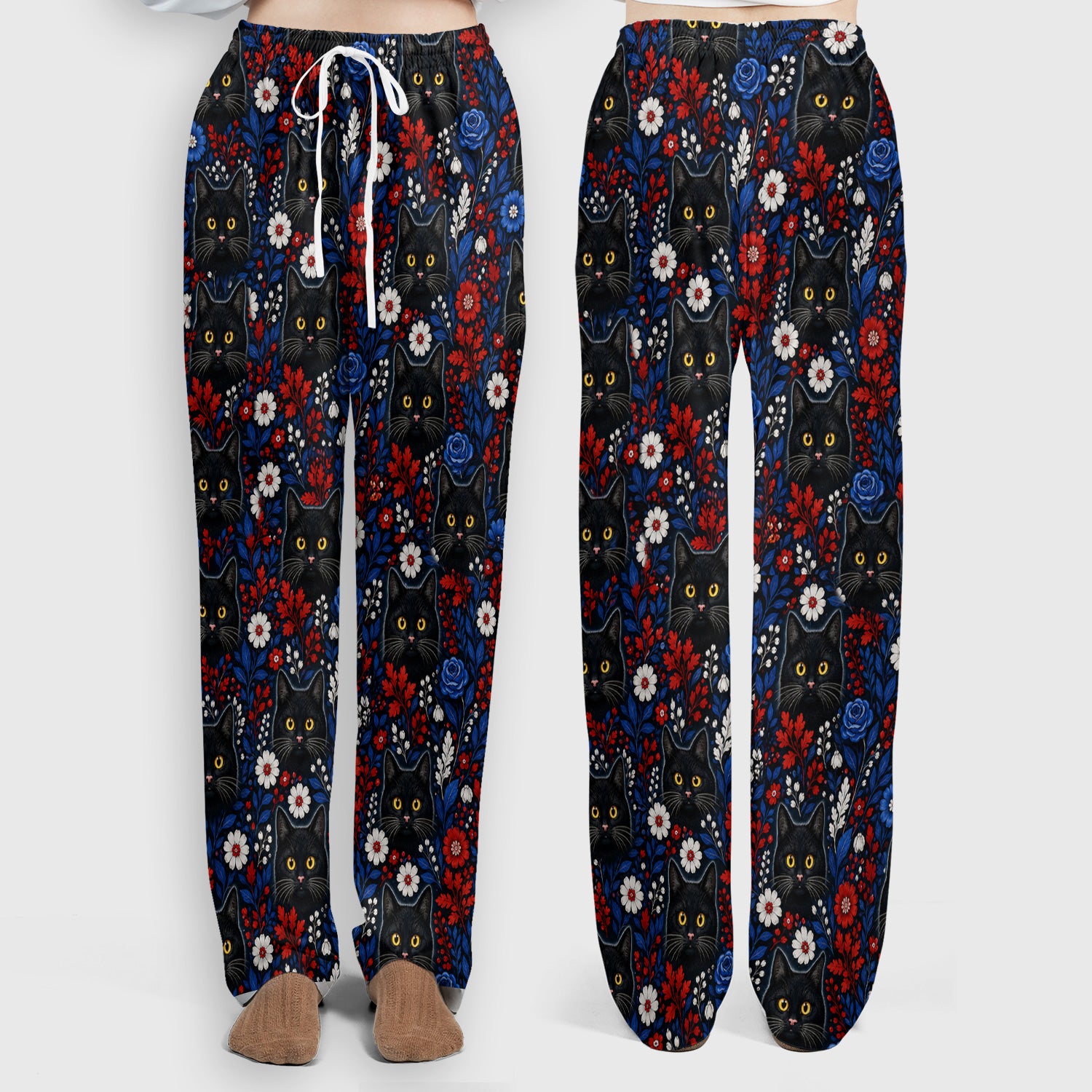 Black Cat Floral Nurse Pattern Scrub Set, Scrub Pants and V Neck Top