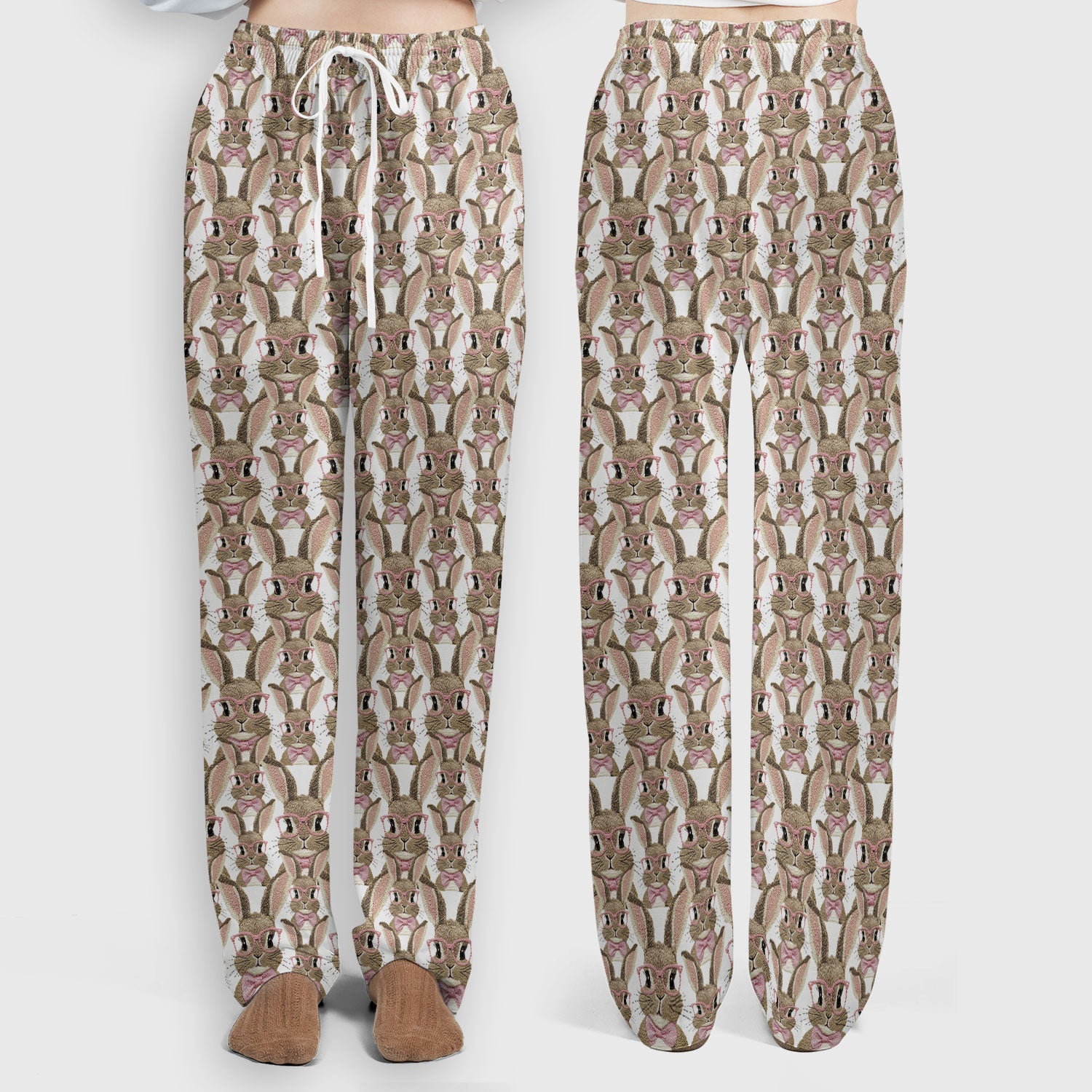 Cute Bunny With Glasses Pattern Scrub Set, Scrub Pants and V Neck Top