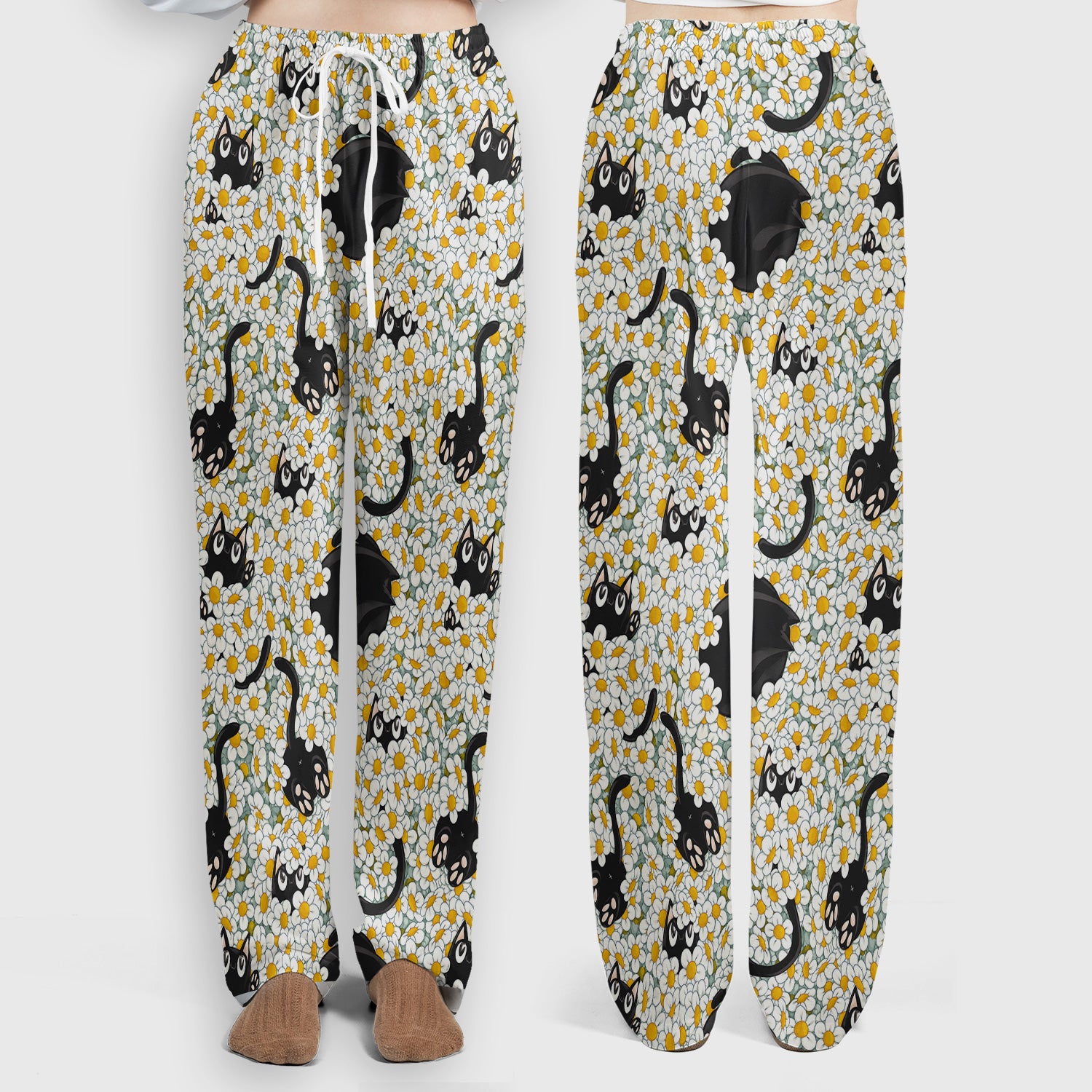Daisy Black Cat Nurse Pattern Scrub Set, Scrub Pants and V Neck Top