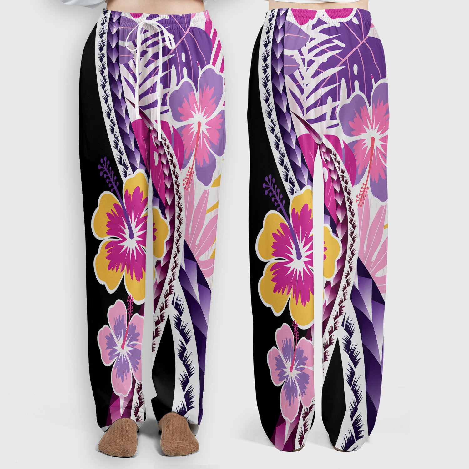 Nurse Tropical Hibiscus Leaf Pattern Scrub Set, Scrub Pants and V Neck Top