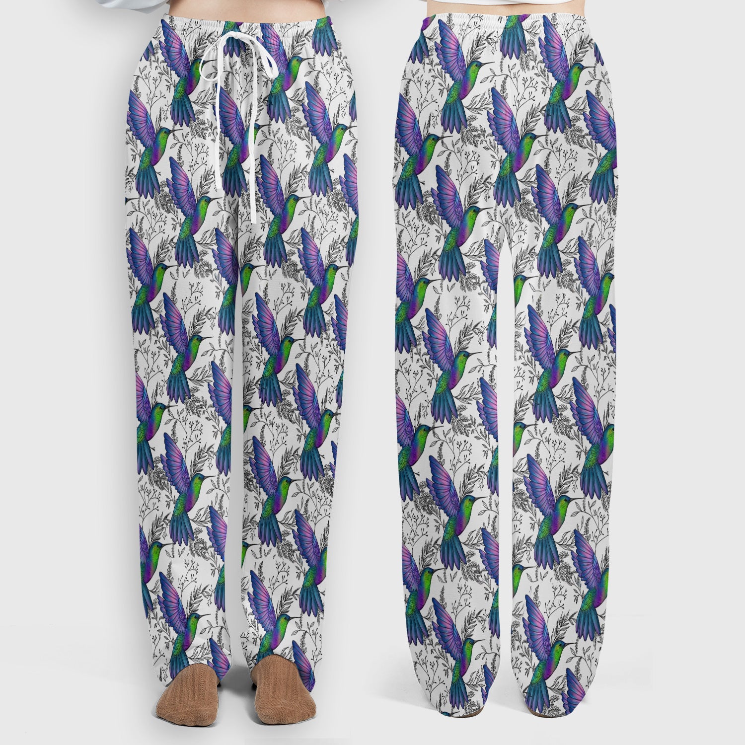 Colorful Hummingbird Flying Botanical Pattern Scrub Set, Scrub Pants and V Neck Top