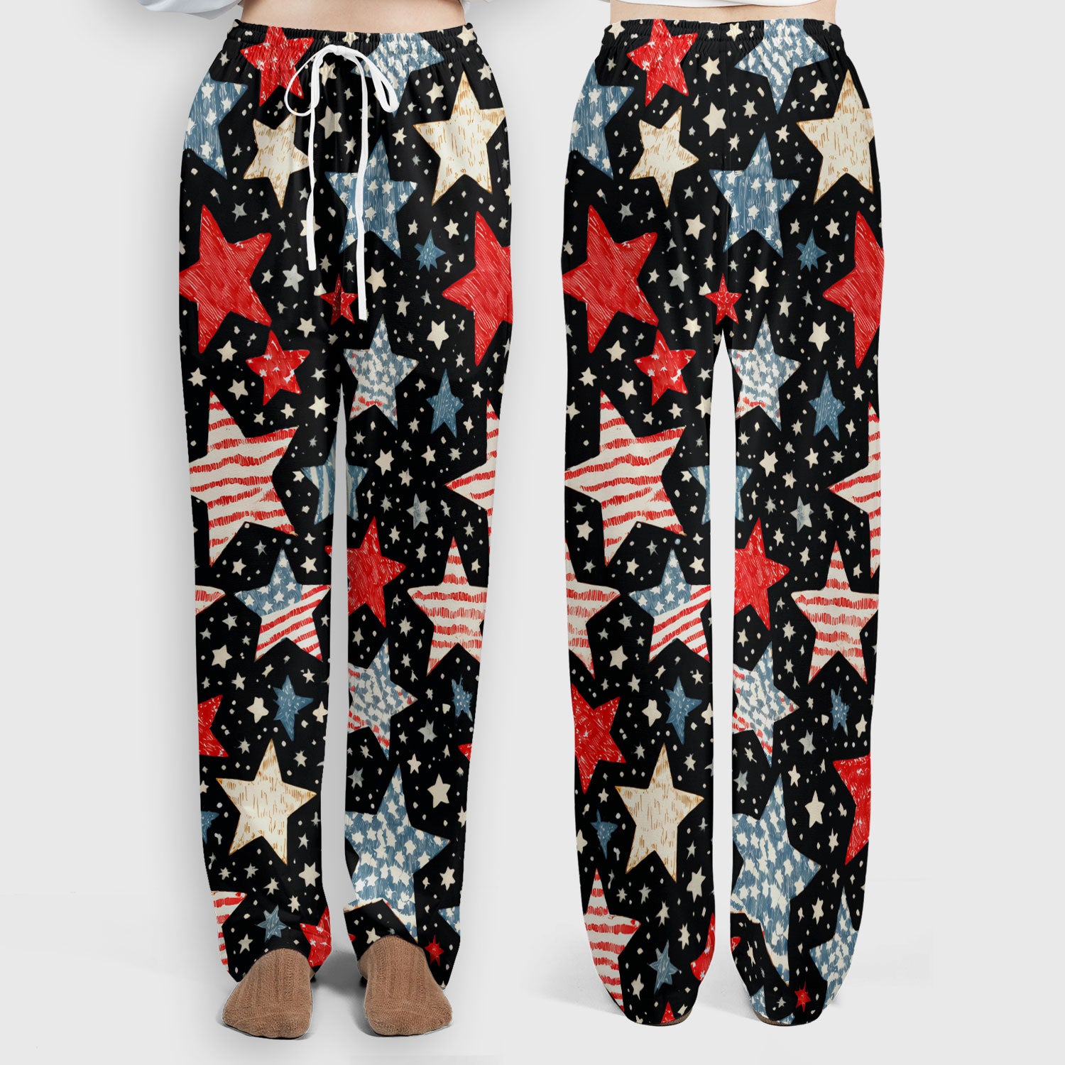 Patriotic Star Pattern Women's Scrub Set, Scrub Pants and V Neck Top
