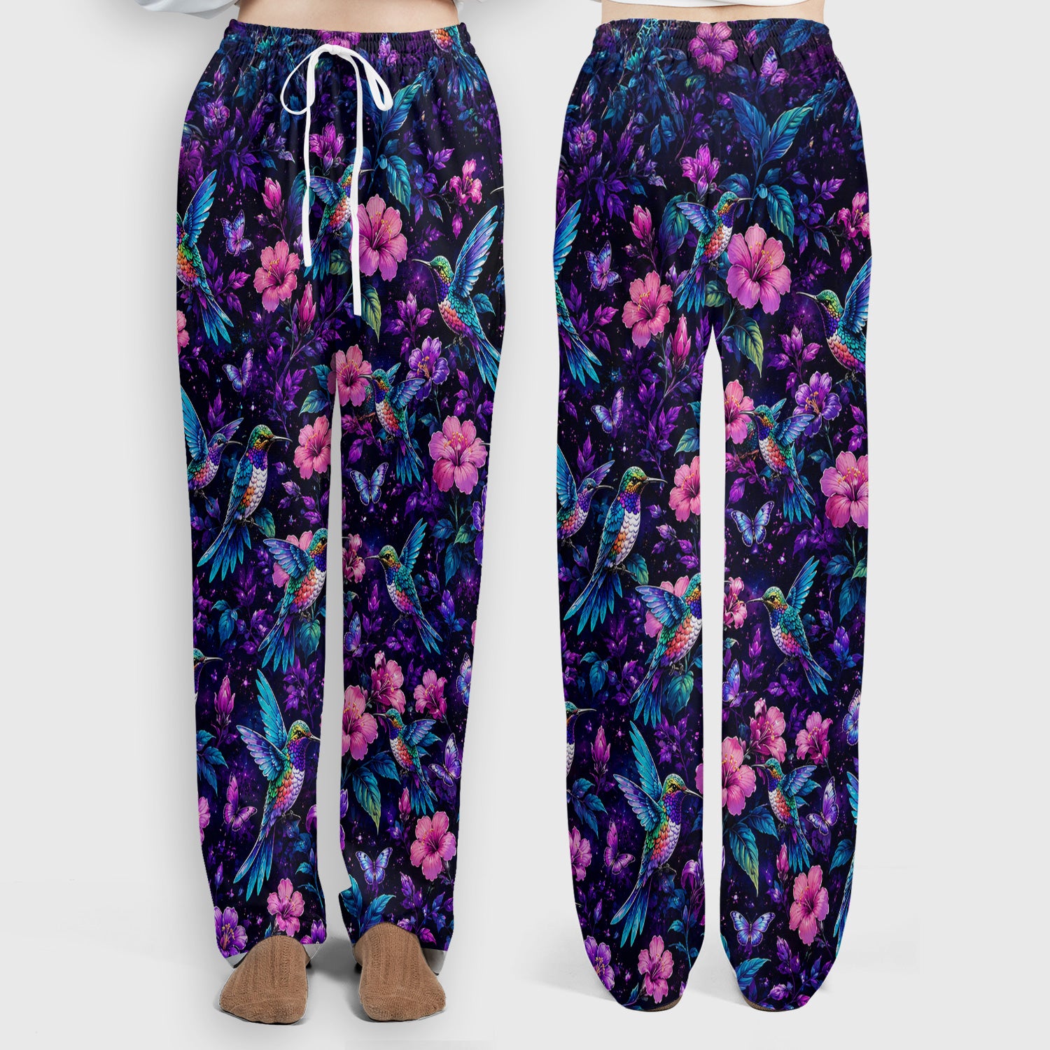 Vibrant Hummingbird Hibiscus Blossom Pattern Scrub Set, Scrub Pants and V Neck Top