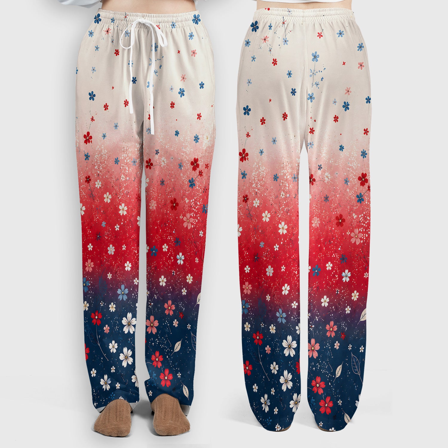 Patriotic Red White Blue Floral Ombre Print Scrub Set, Scrub Pants and V Neck Top