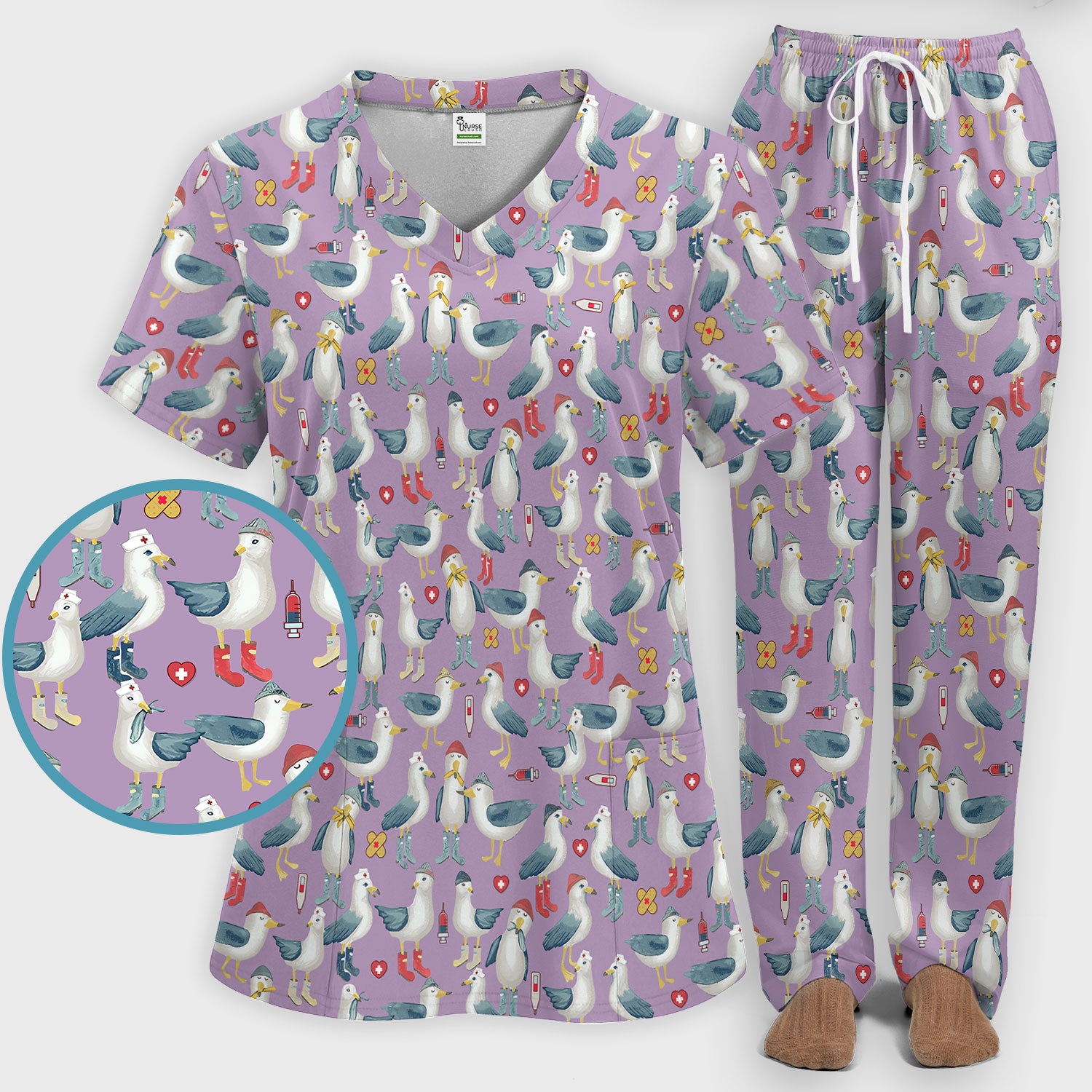Seagull Scrub Set for Nurses - Adorable Birds Medical Uniform - Funny Scrubs Pants and V Neck Top for RN CNA LPN