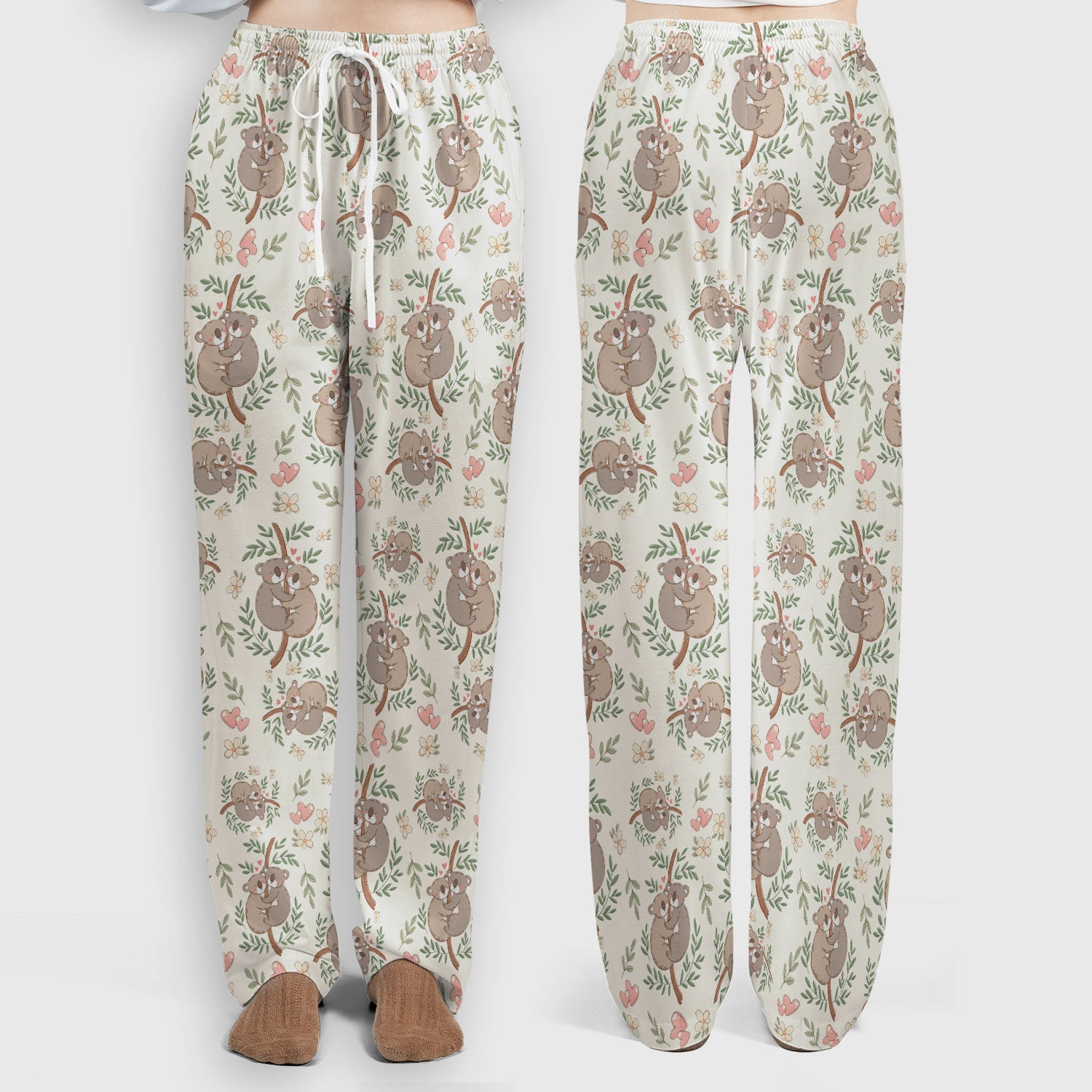 Cute Koala Couple Floral Medical Print Scrub Set, Women's Scrub Sets