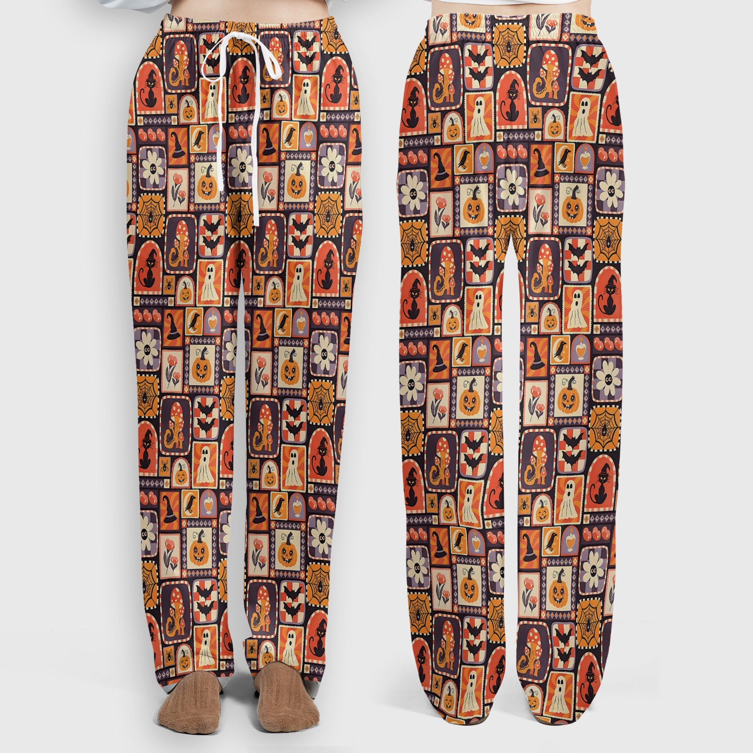 Retro Halloween Patchwork Icons Scrub Set, Scrub Pants and V Neck Top