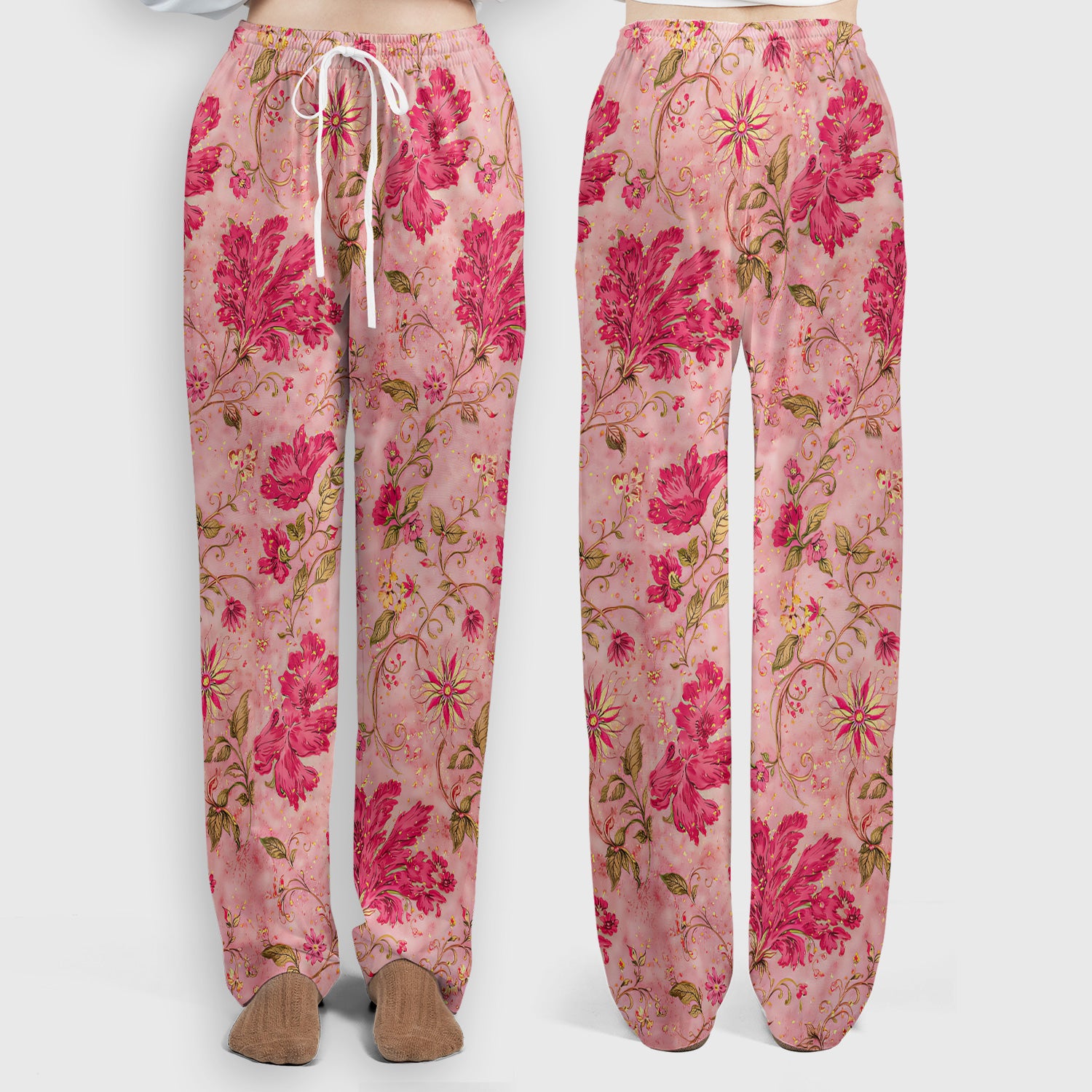 Elegant Pink Floral Vine Pattern Scrub Set, Women's Scrub Sets
