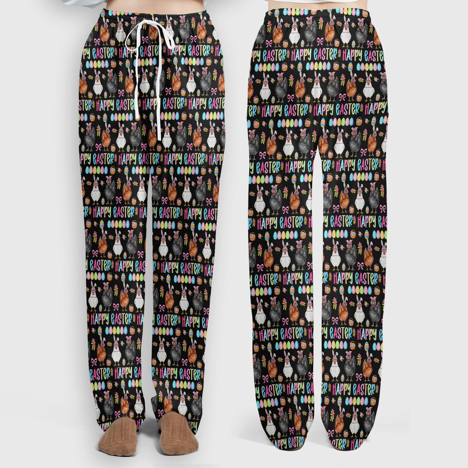 Happy Easter Bunny Eggs Pattern Scrub Sets, Scrub Pants and V Neck Top