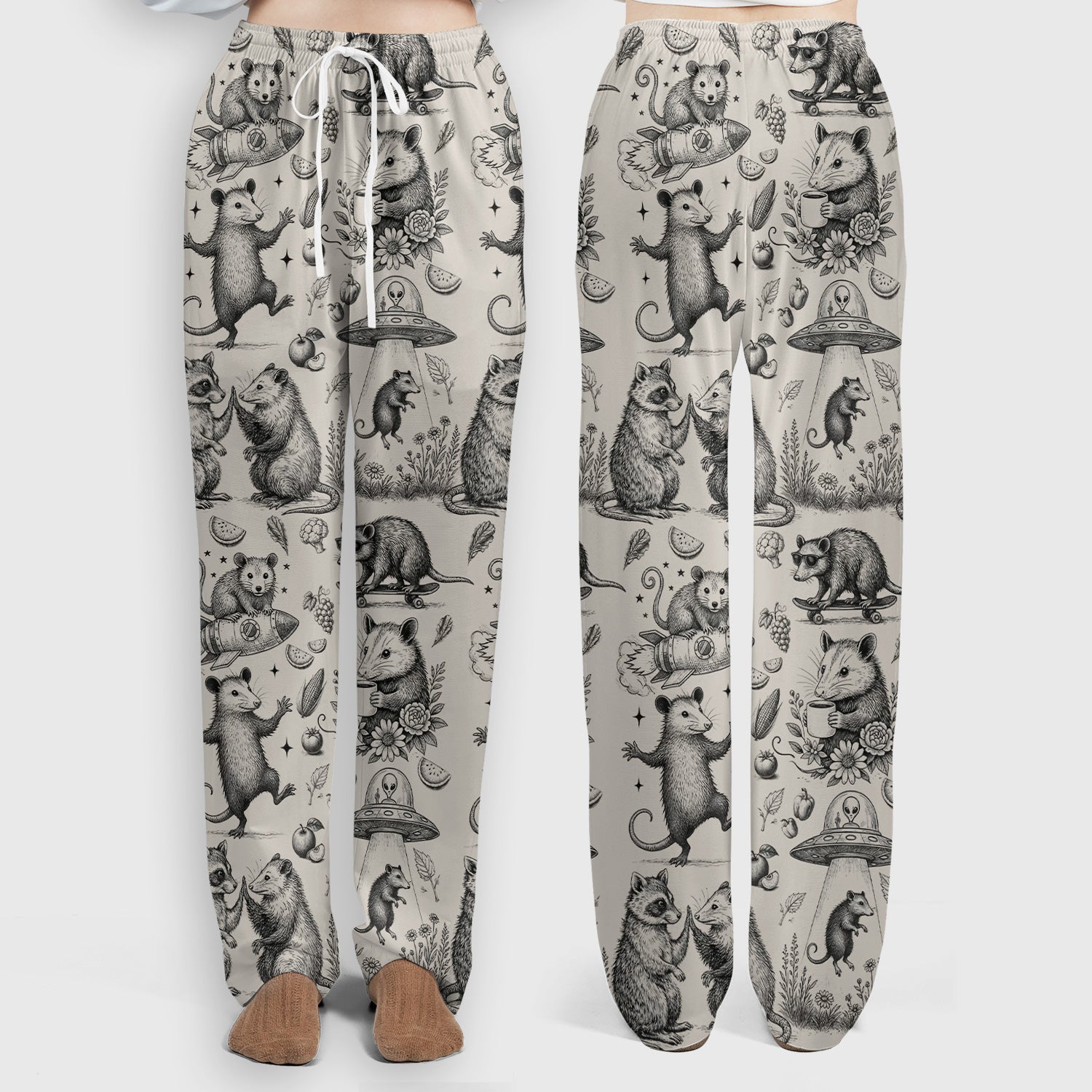 Funny Nurse Vintage Possum Raccoon High Five UFO Pattern Scrub Set, Scrub Pants and V Neck Top