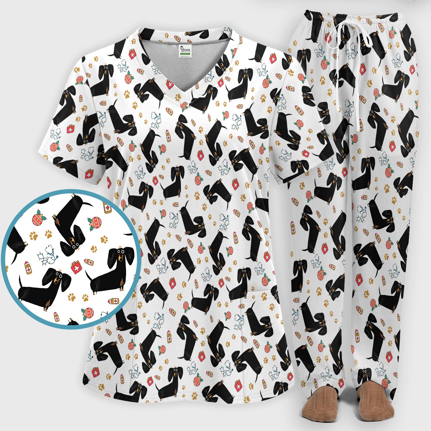 Funny Wiener Dog Scrub Sets for Nurses - Cute Black Dachshund Pants and V Neck Top - Dog Lover Nursing Uniform Gift for Women