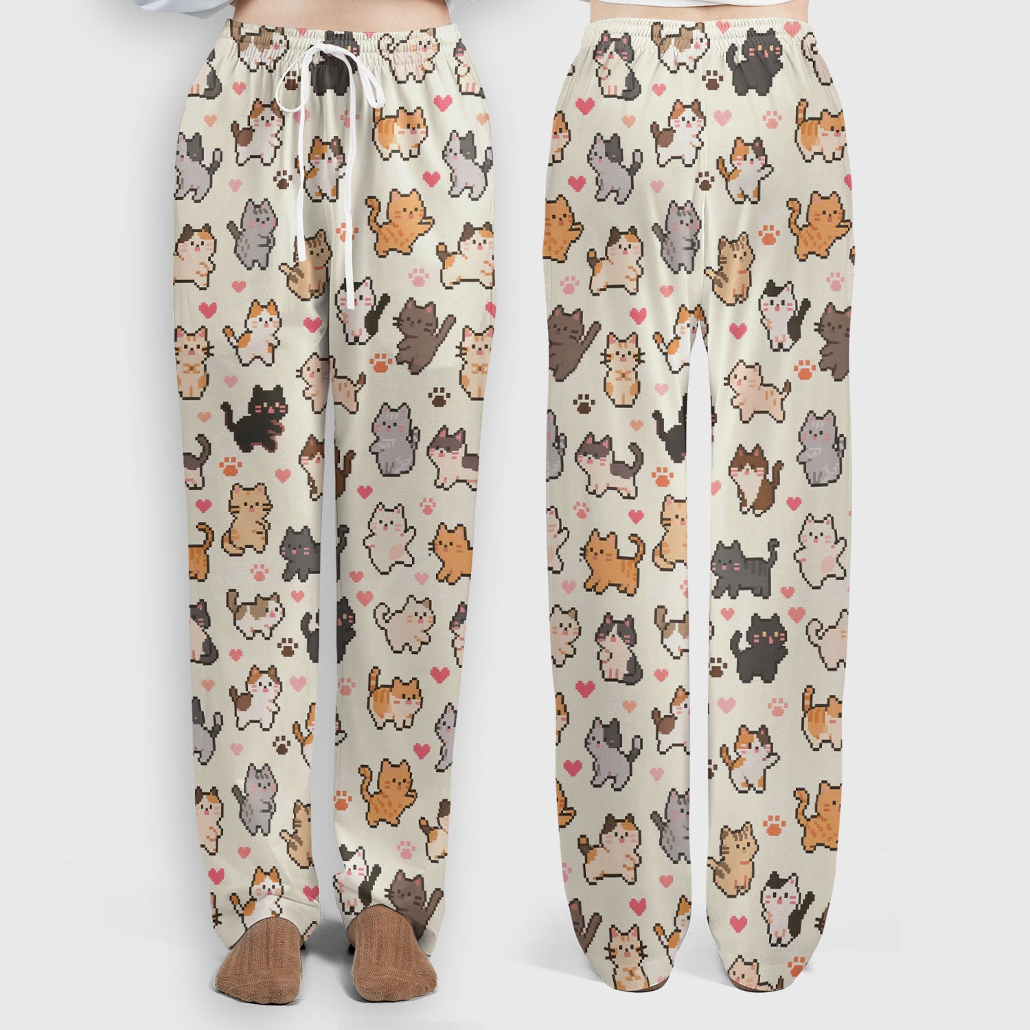 Cute Pixel Cat Heart Paw Pattern Scrub Set, Women's Scrub Sets