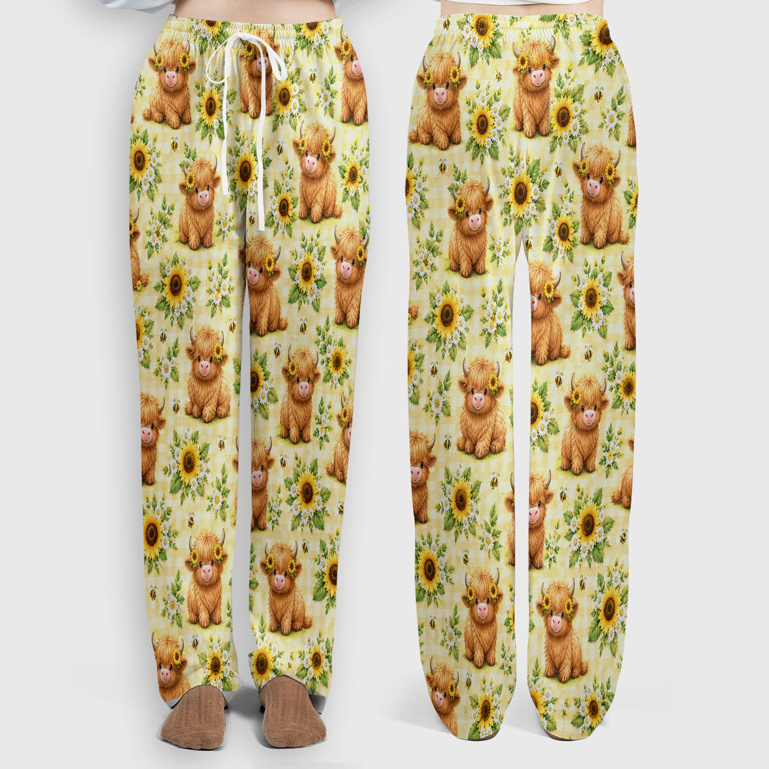 Sunflower Highland Cow And Bee Pattern Scrub Set, Scrub Pants and V Neck Top